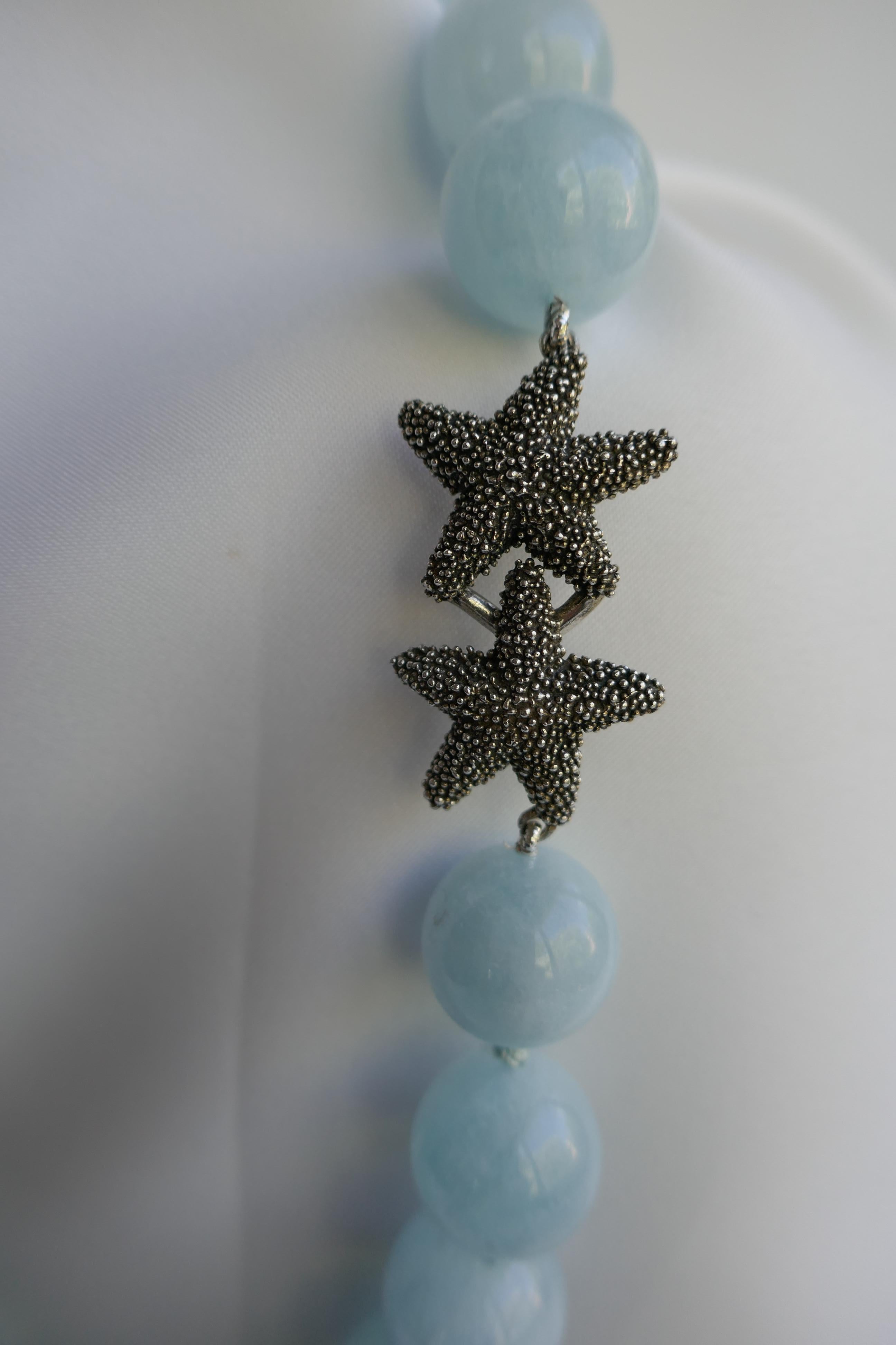 The aquamarine beads are 18-19mm. The color is exquisite.  It is individually knotted with aqua color silk thread. It was an exclusive 925 oxidized sterling starfish clasp. The necklace was designed and created by Lucy de la Vega/de la Vega designs