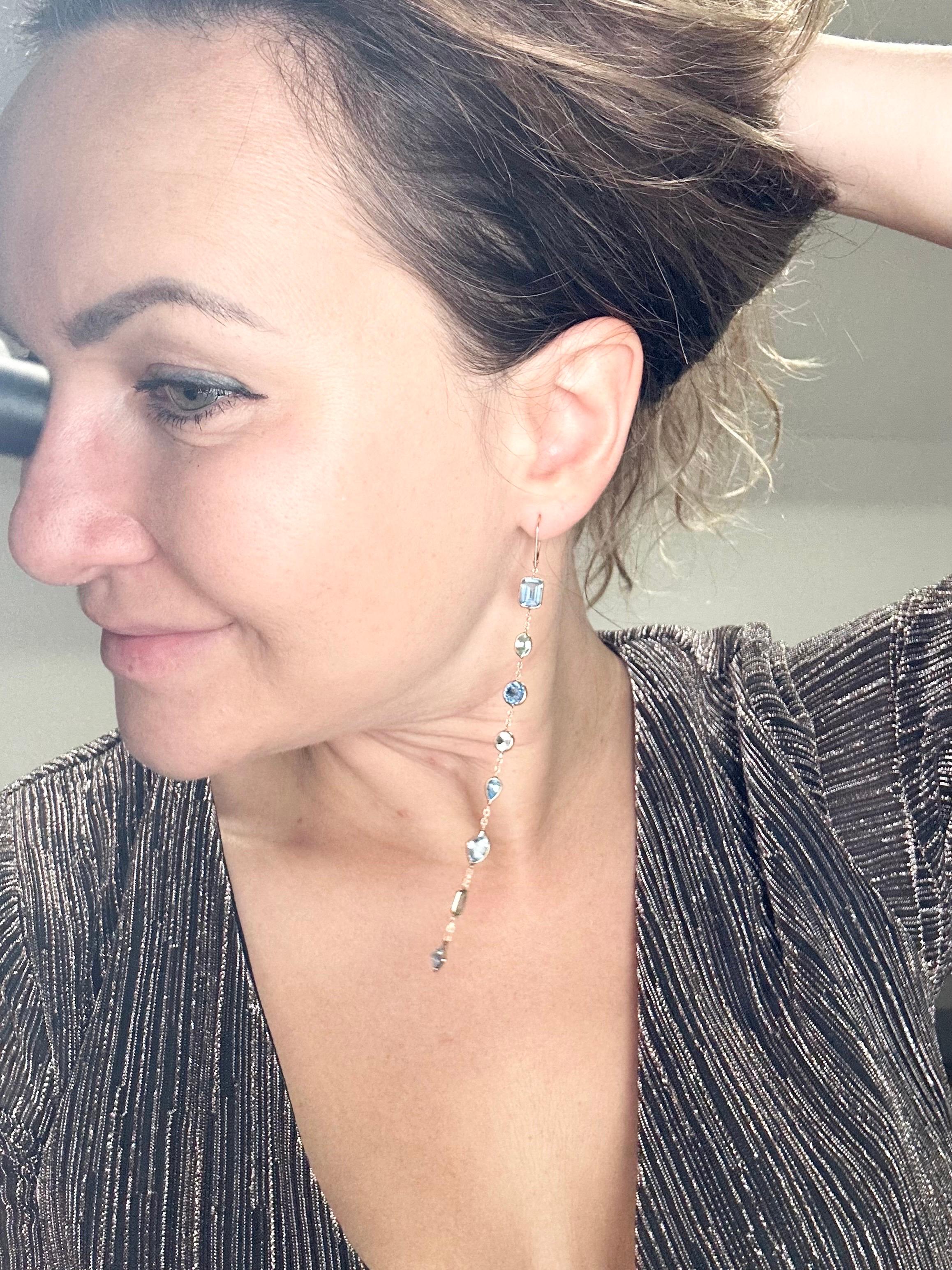 Boucles d'oreilles extra longues aigue-marine or jaune 14KT look de soirée extraordinaire en vente 2