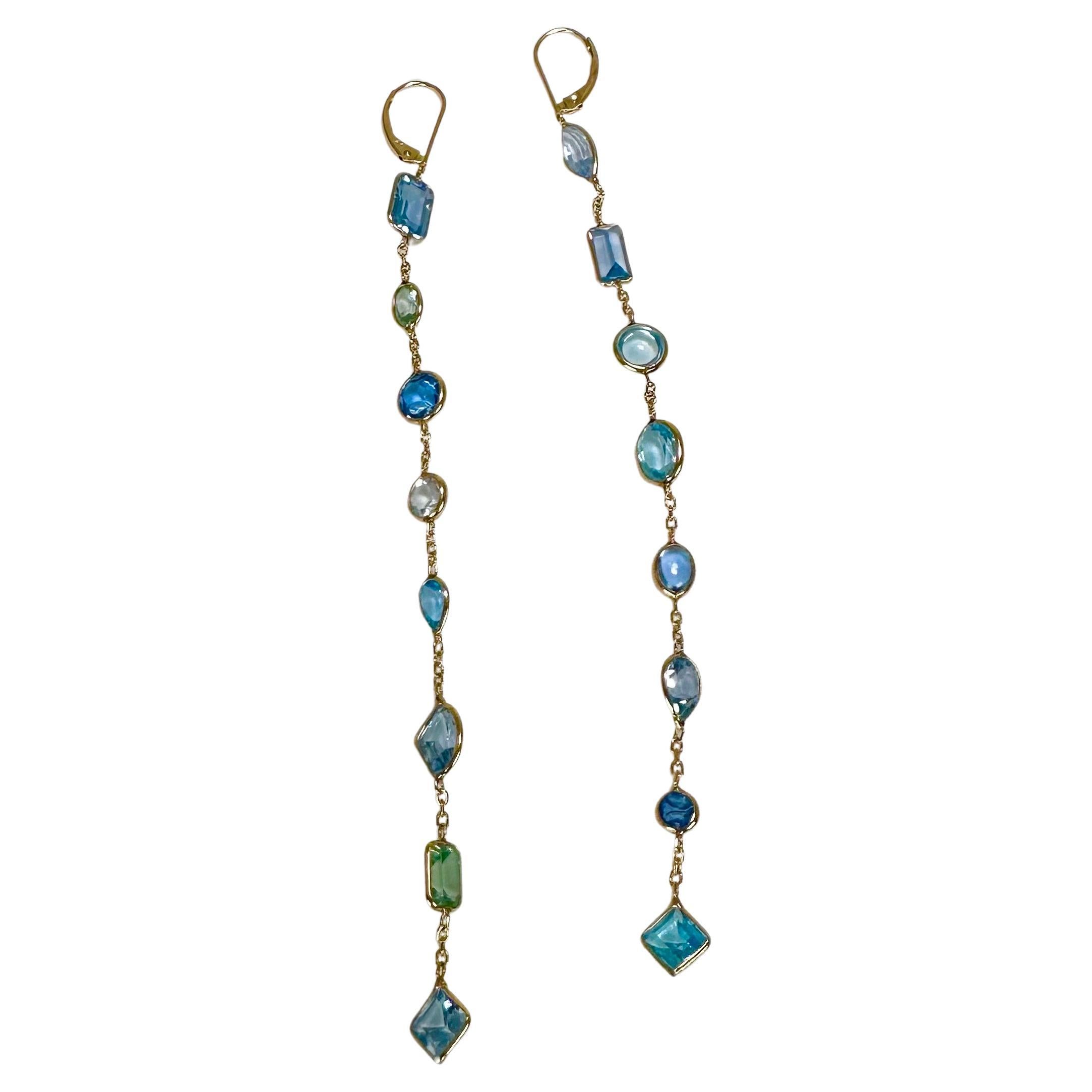Aquamarine extra long earrings 14KT yellow gold extraordinary evening look  For Sale
