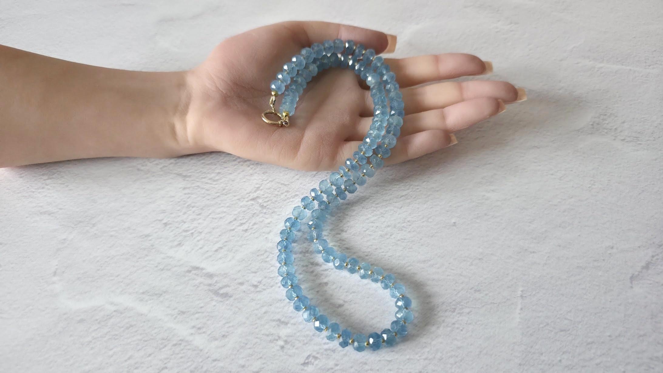 Collier de perles à facettes en aigue-marine avec fermoir en or 14k en vente 5