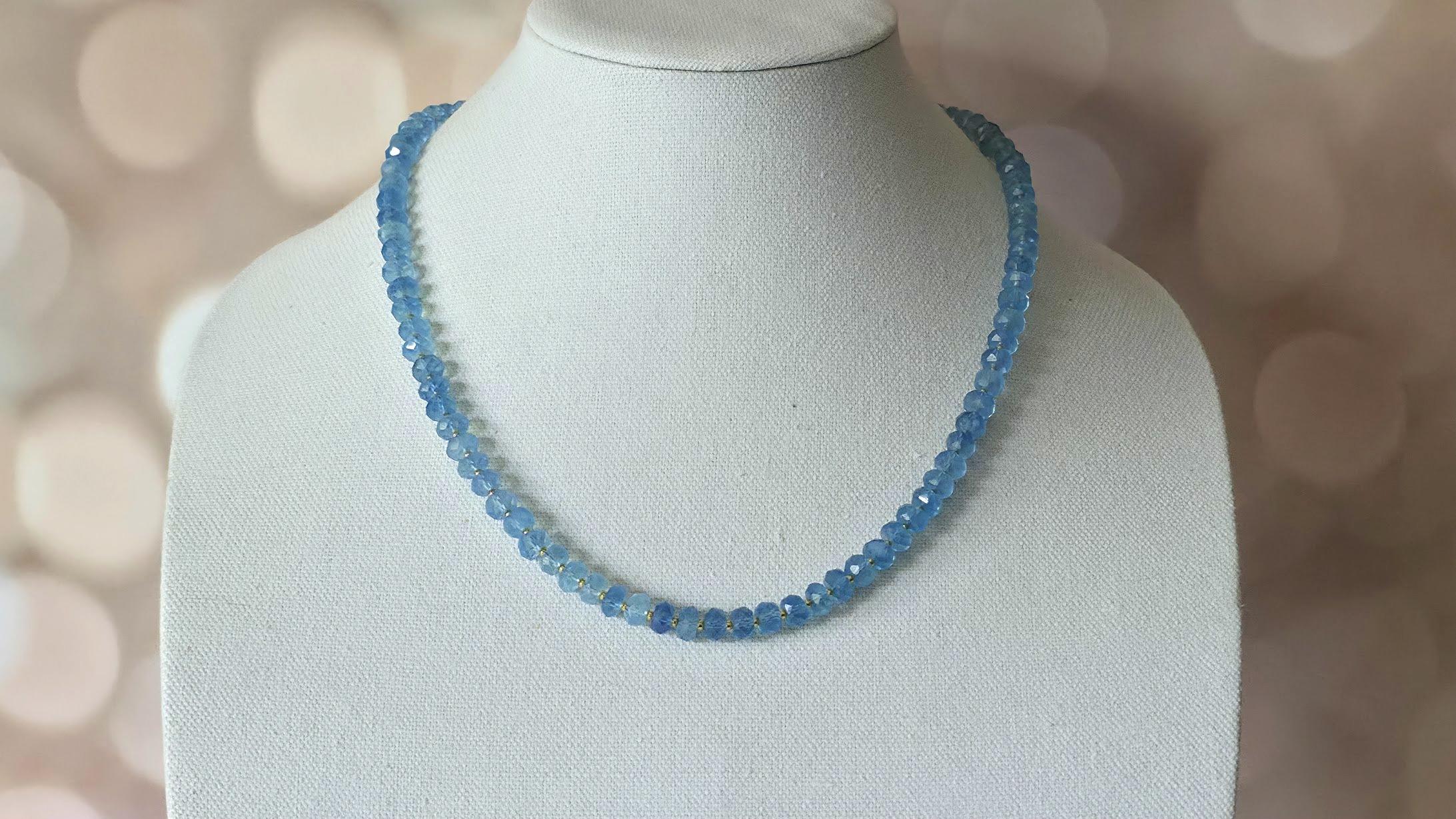 Collier de perles à facettes en aigue-marine avec fermoir en or 14k Pour femmes en vente