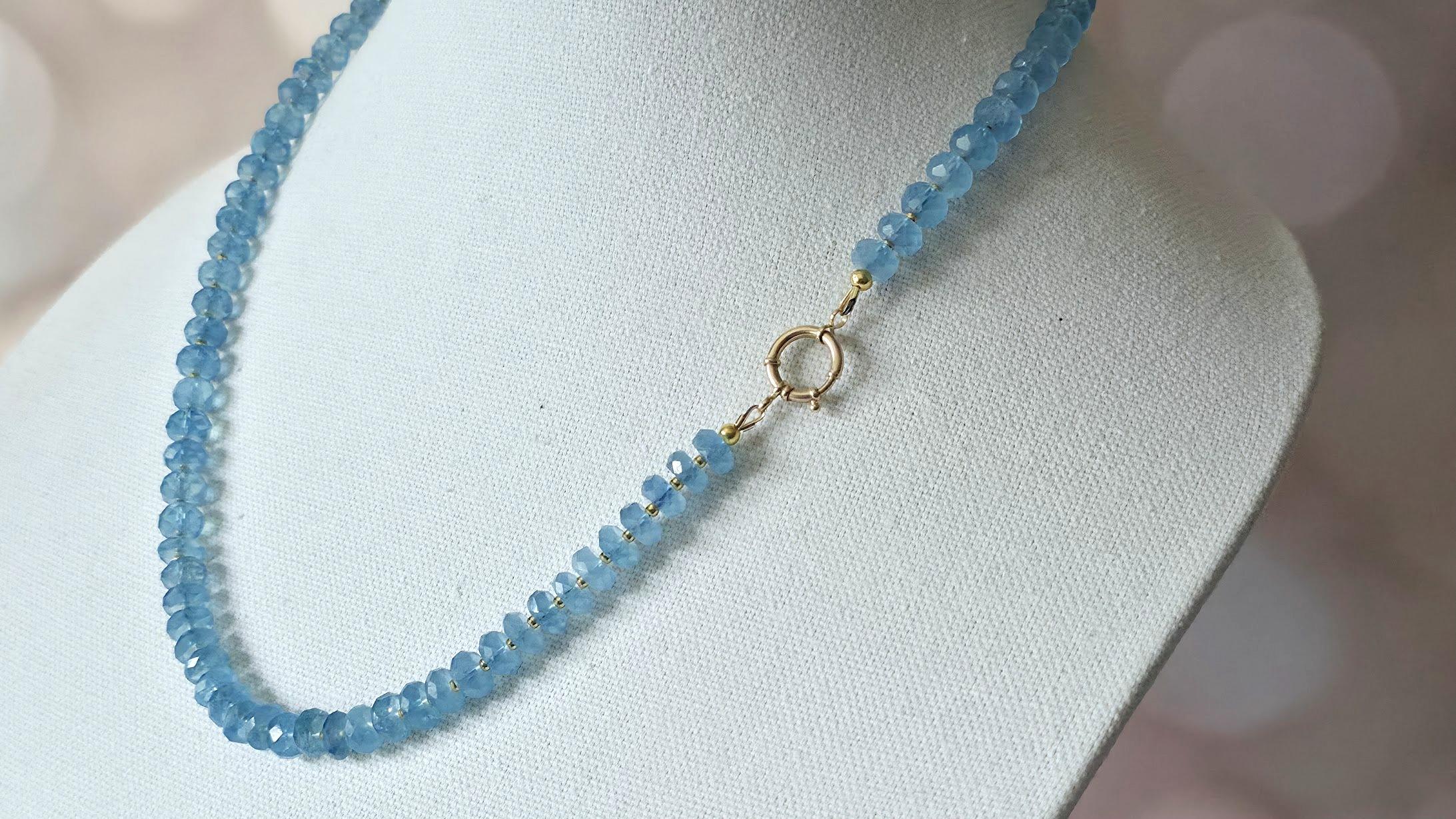 Collier de perles à facettes en aigue-marine avec fermoir en or 14k en vente 4