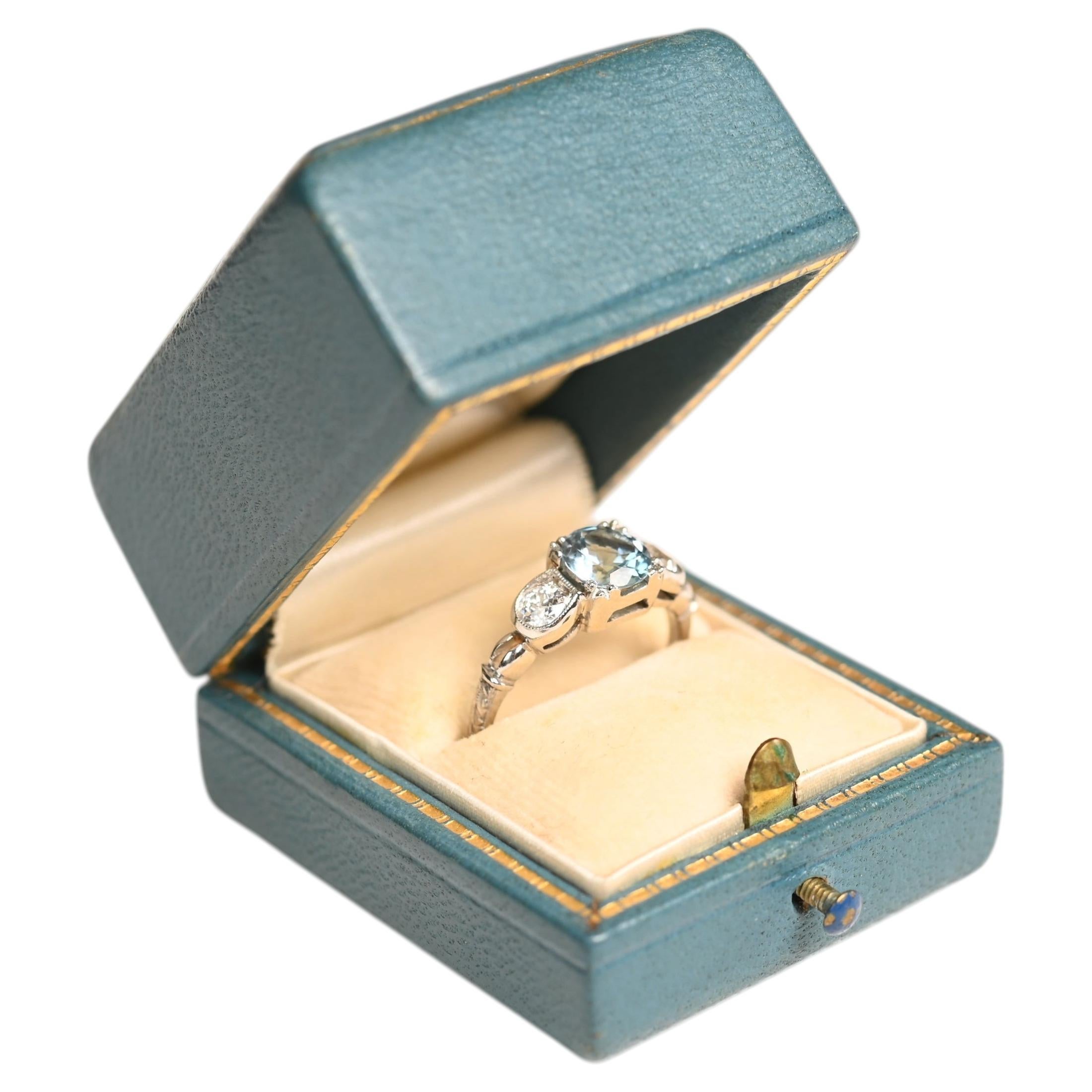 0.80 Carat Aquamarine Engagement Ring. Old Euro Diamond Ring Platinum Engraved For Sale