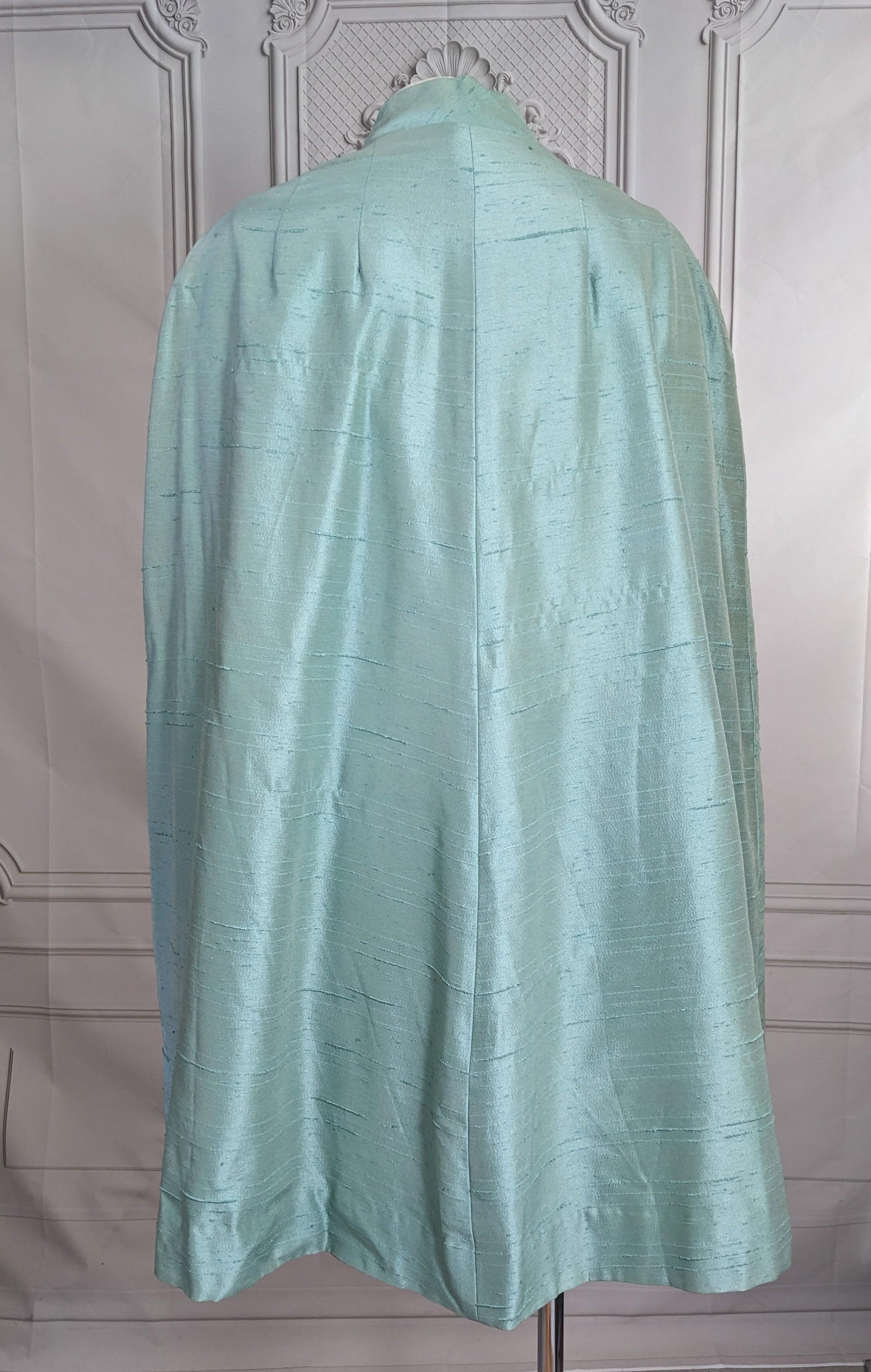 Aquamarine Flared Raw Silk Cape In Good Condition For Sale In New York, NY