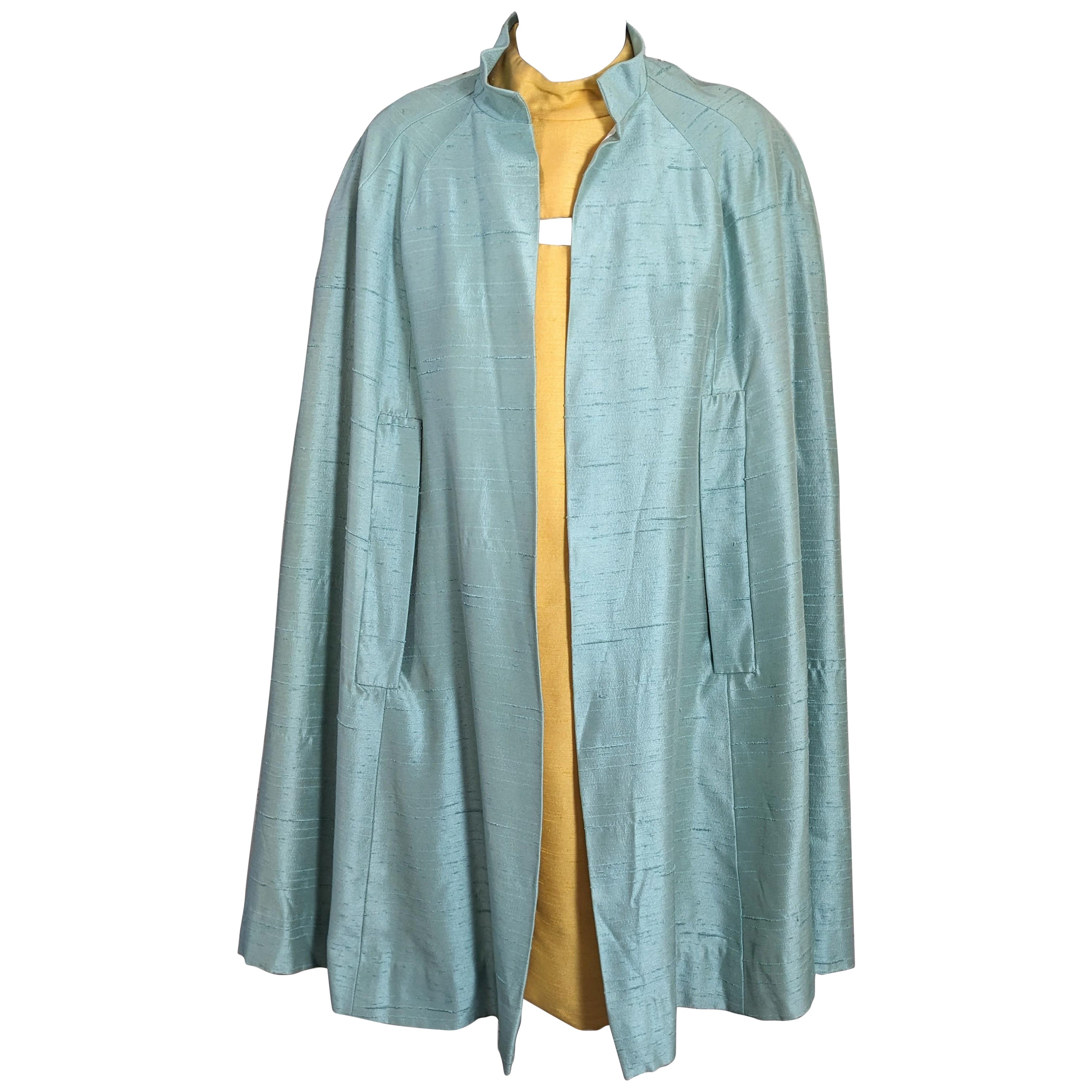 Aquamarine Flared Raw Silk Cape