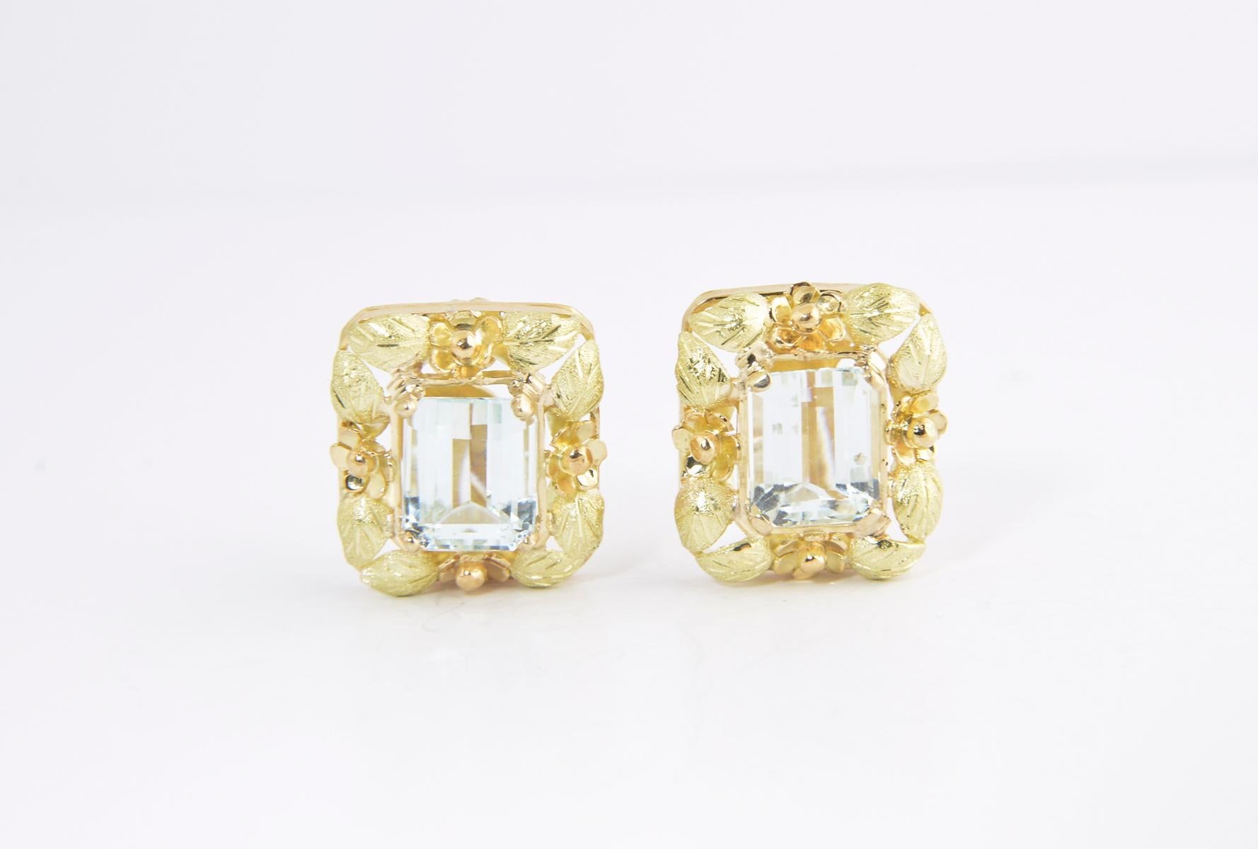 Emerald Cut Aquamarine Floral Gold Clip Earrings For Sale