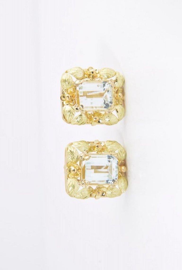 Emerald Cut Aquamarine Floral Gold Clip Earrings For Sale