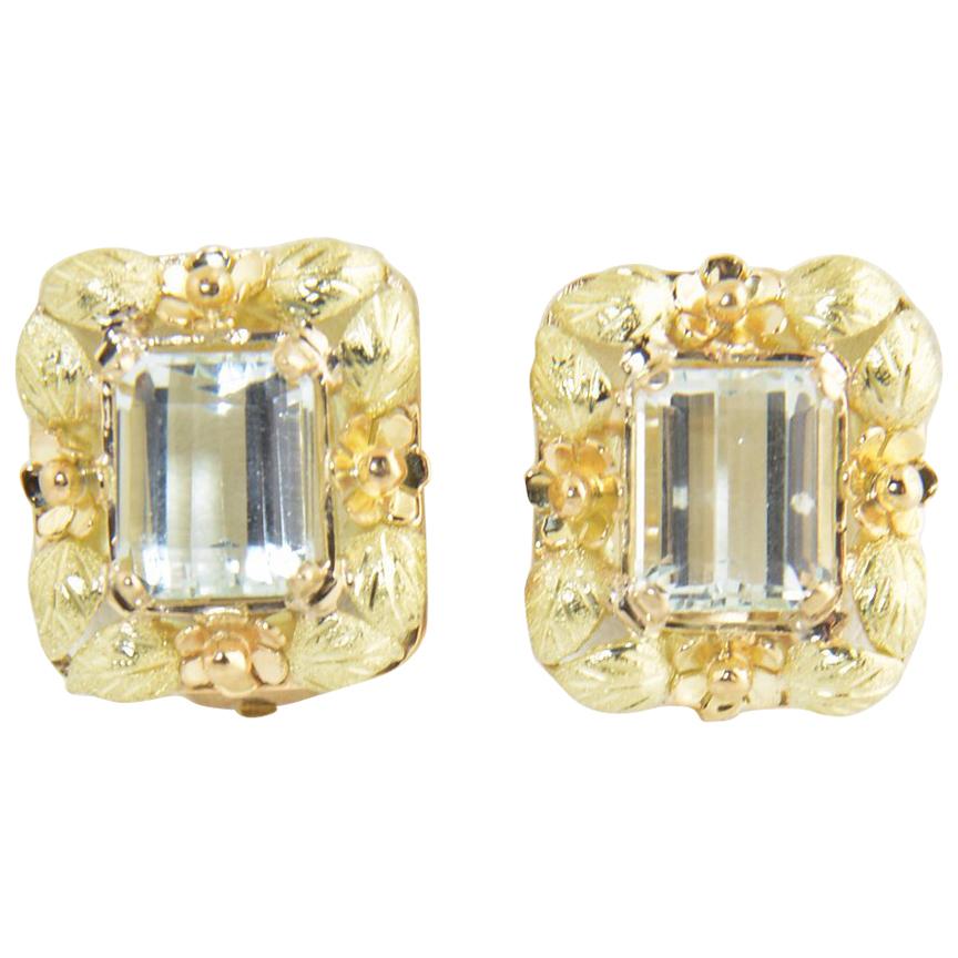 Aquamarine Floral Gold Clip Earrings For Sale