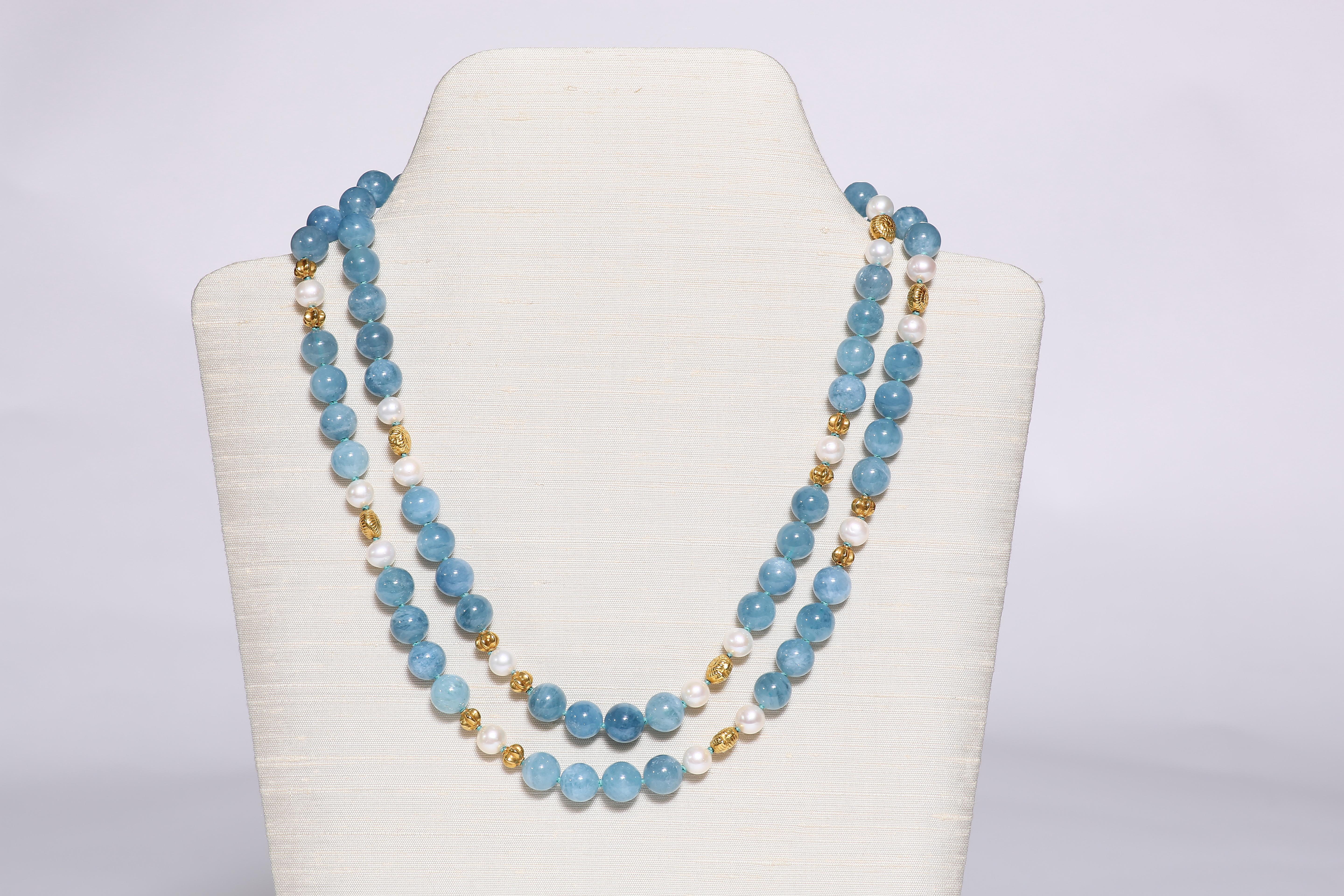 Aquamarine, Freshwater Pearl and Gold Necklace For Sale 6