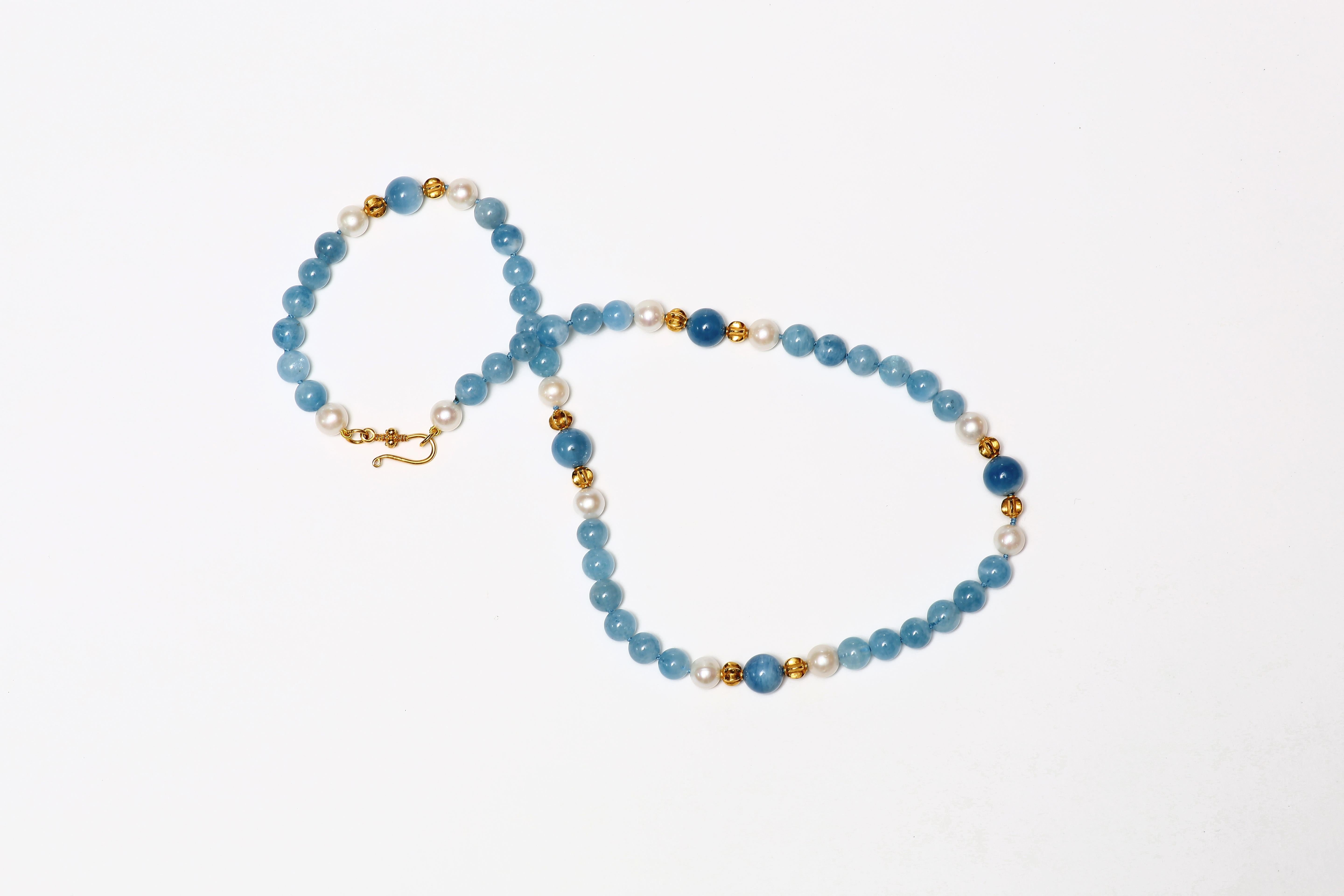 Contemporary Aquamarine, Freshwater Pearl and Gold Necklace
