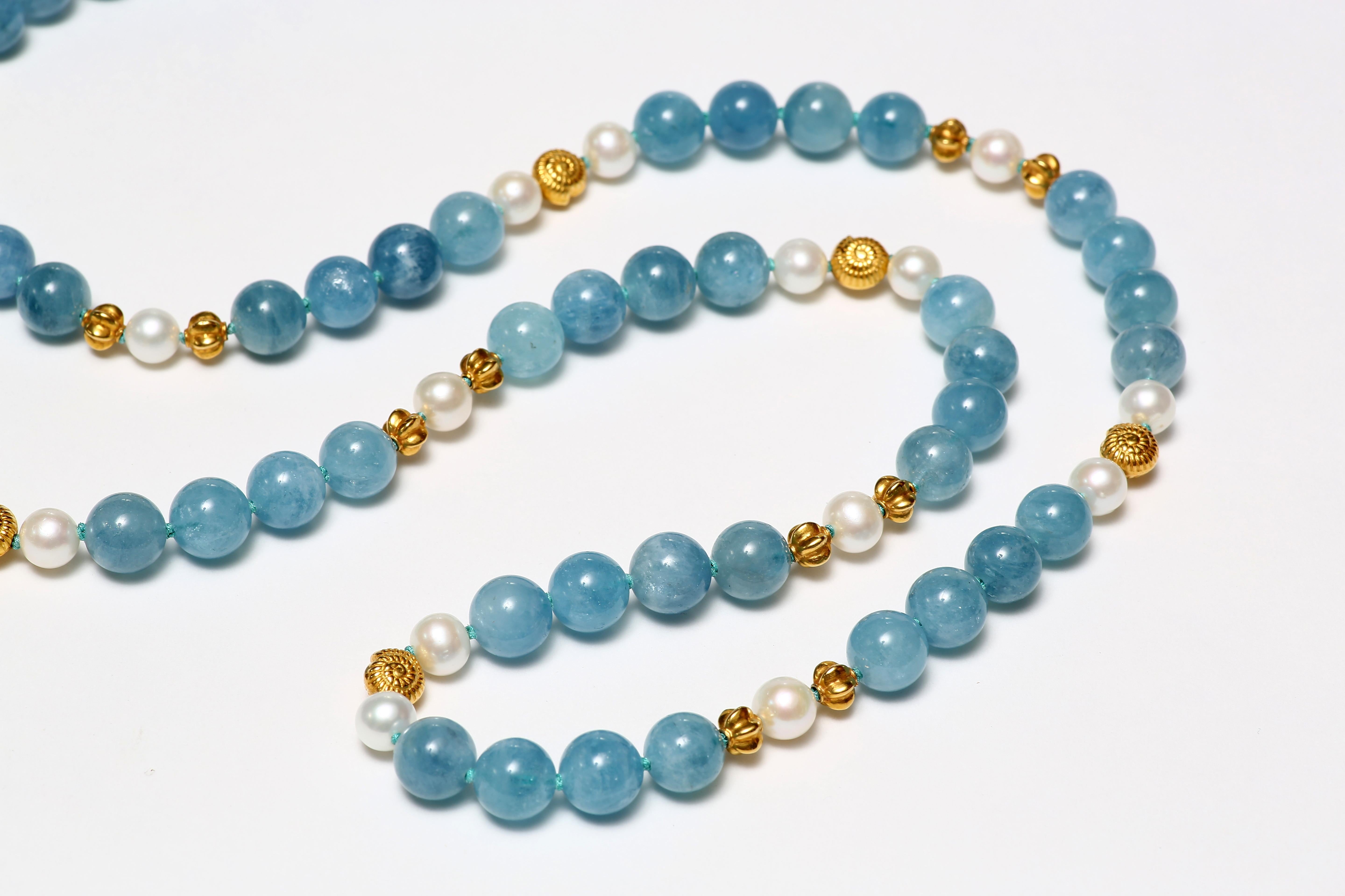 Bead Aquamarine, Freshwater Pearl and Gold Necklace For Sale
