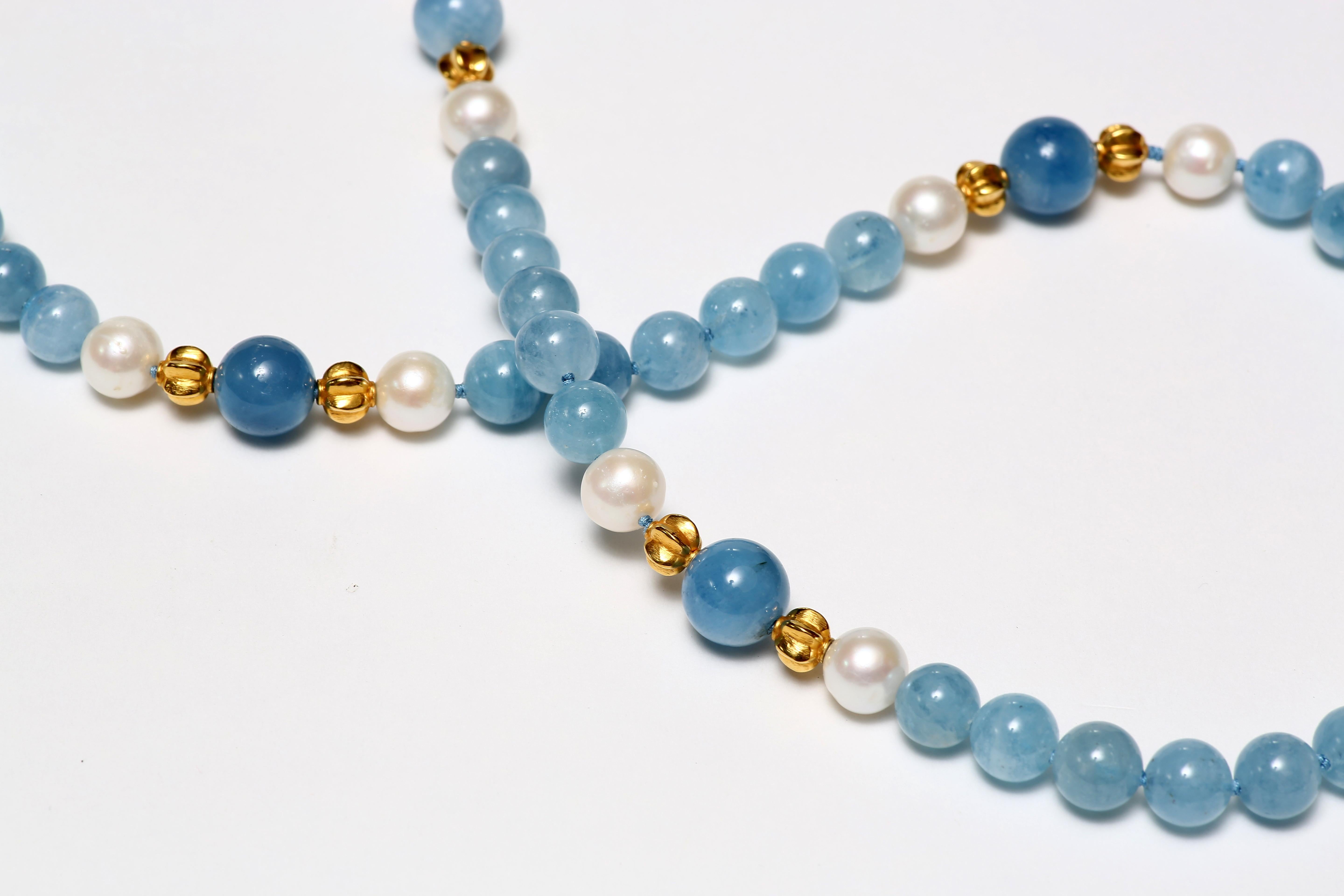 Women's Aquamarine, Freshwater Pearl and Gold Necklace