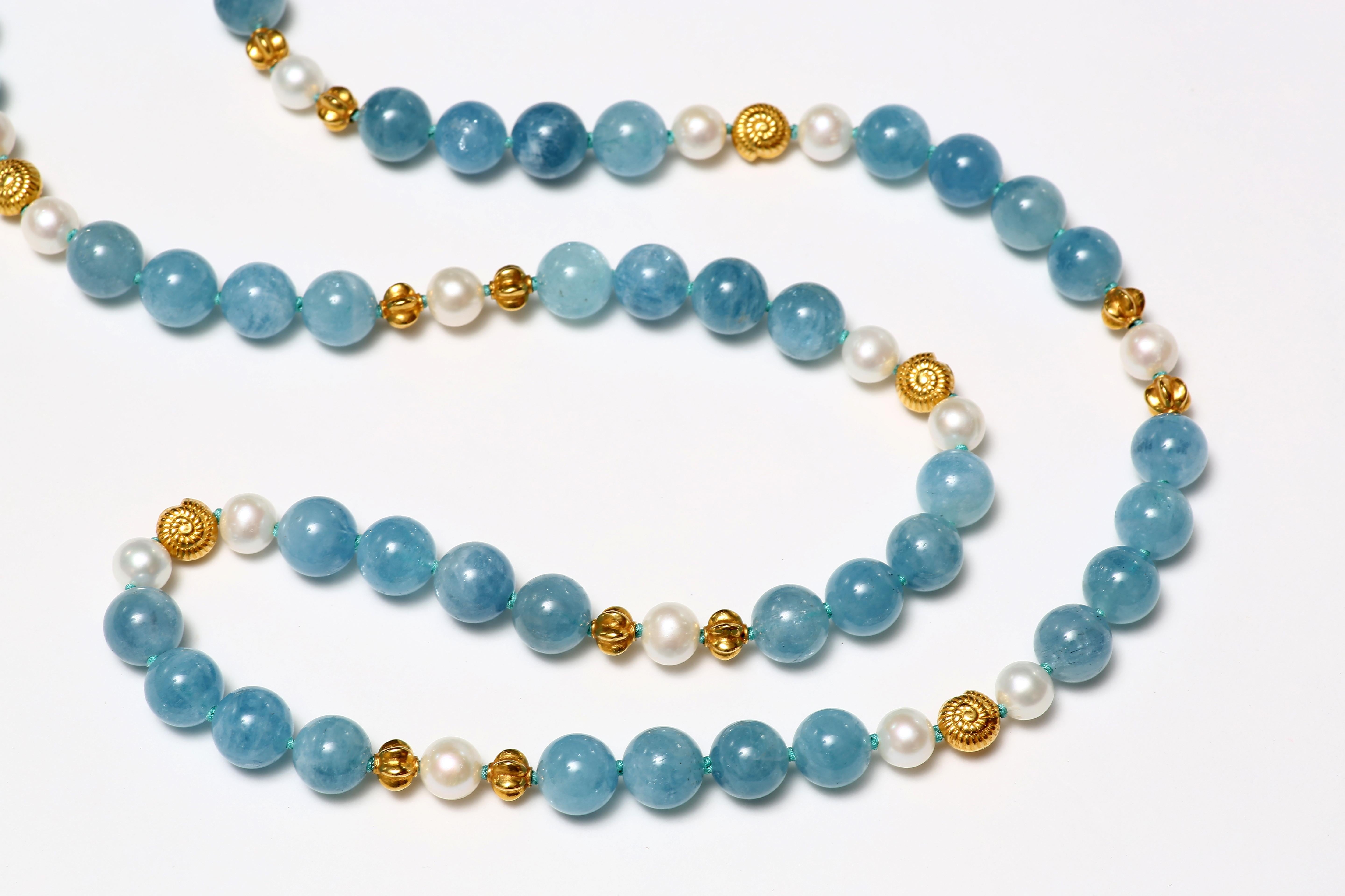 Women's Aquamarine, Freshwater Pearl and Gold Necklace For Sale