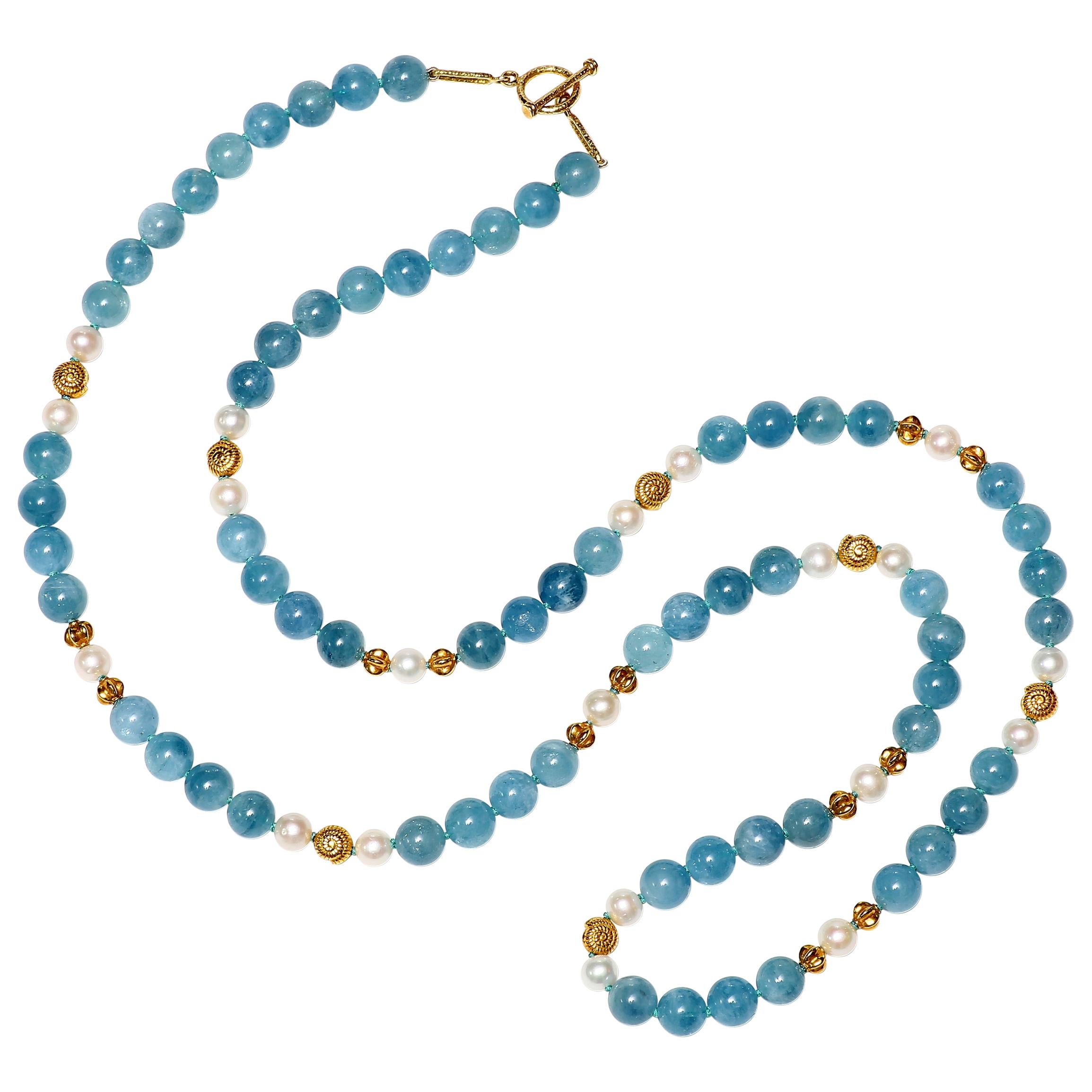 Aquamarine, Freshwater Pearl and Gold Necklace