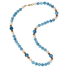 Aquamarine, Freshwater Pearl and Gold Necklace