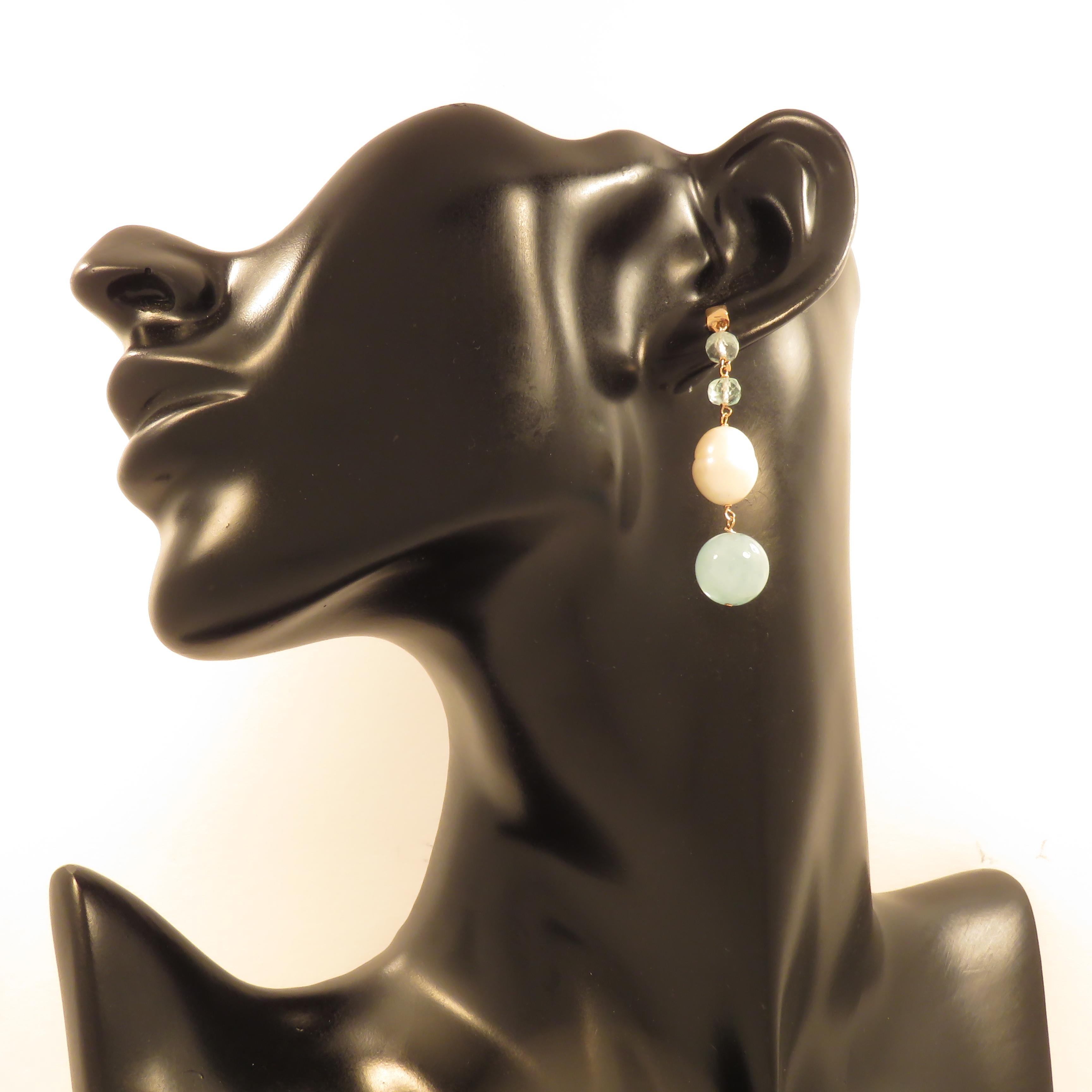 Bead Aquamarine Freshwater Pearls 9 Karat Rose Gold Dangle Earrings For Sale