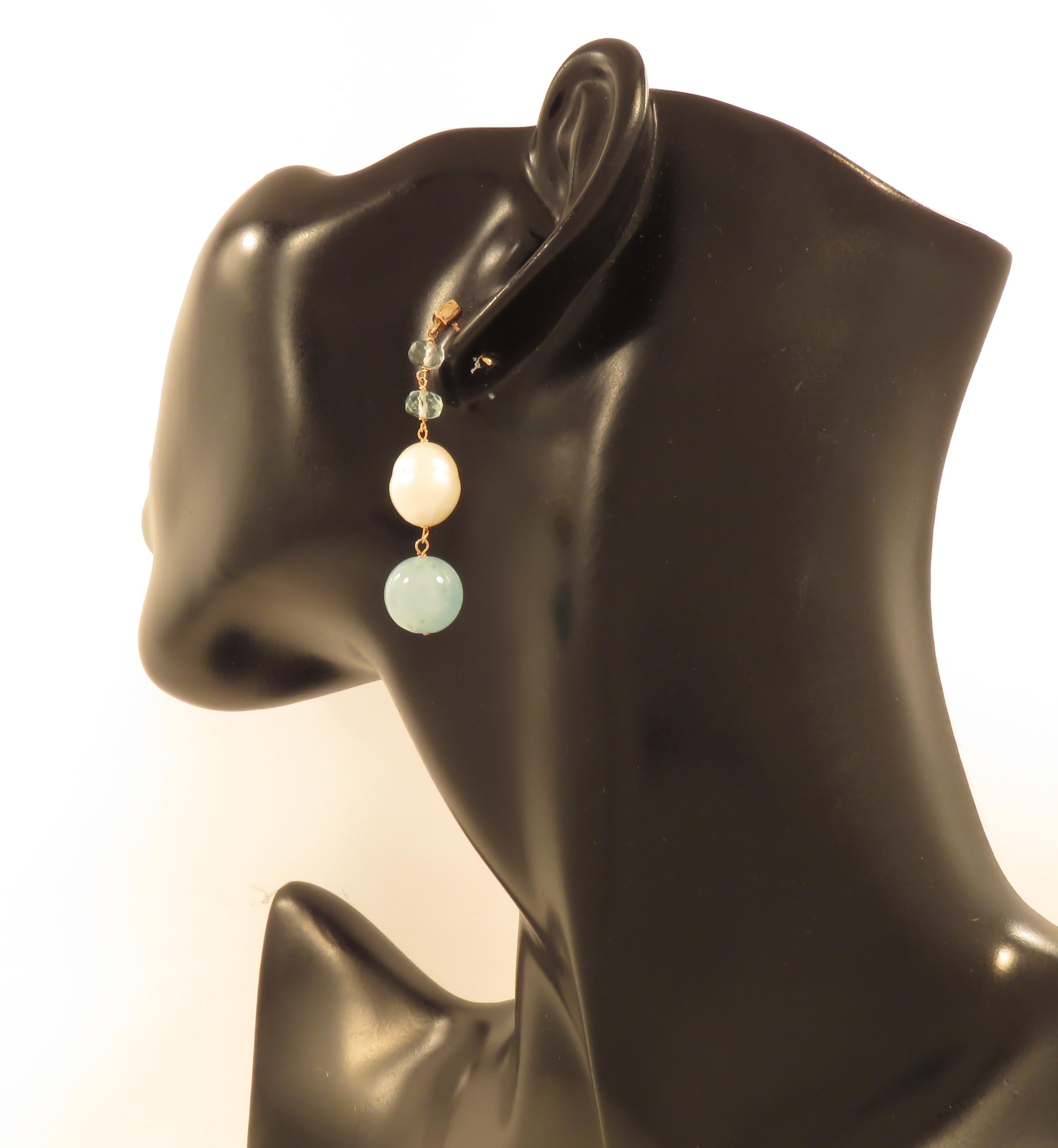 Aquamarine Freshwater Pearls 9 Karat Rose Gold Dangle Earrings In New Condition For Sale In Milano, IT