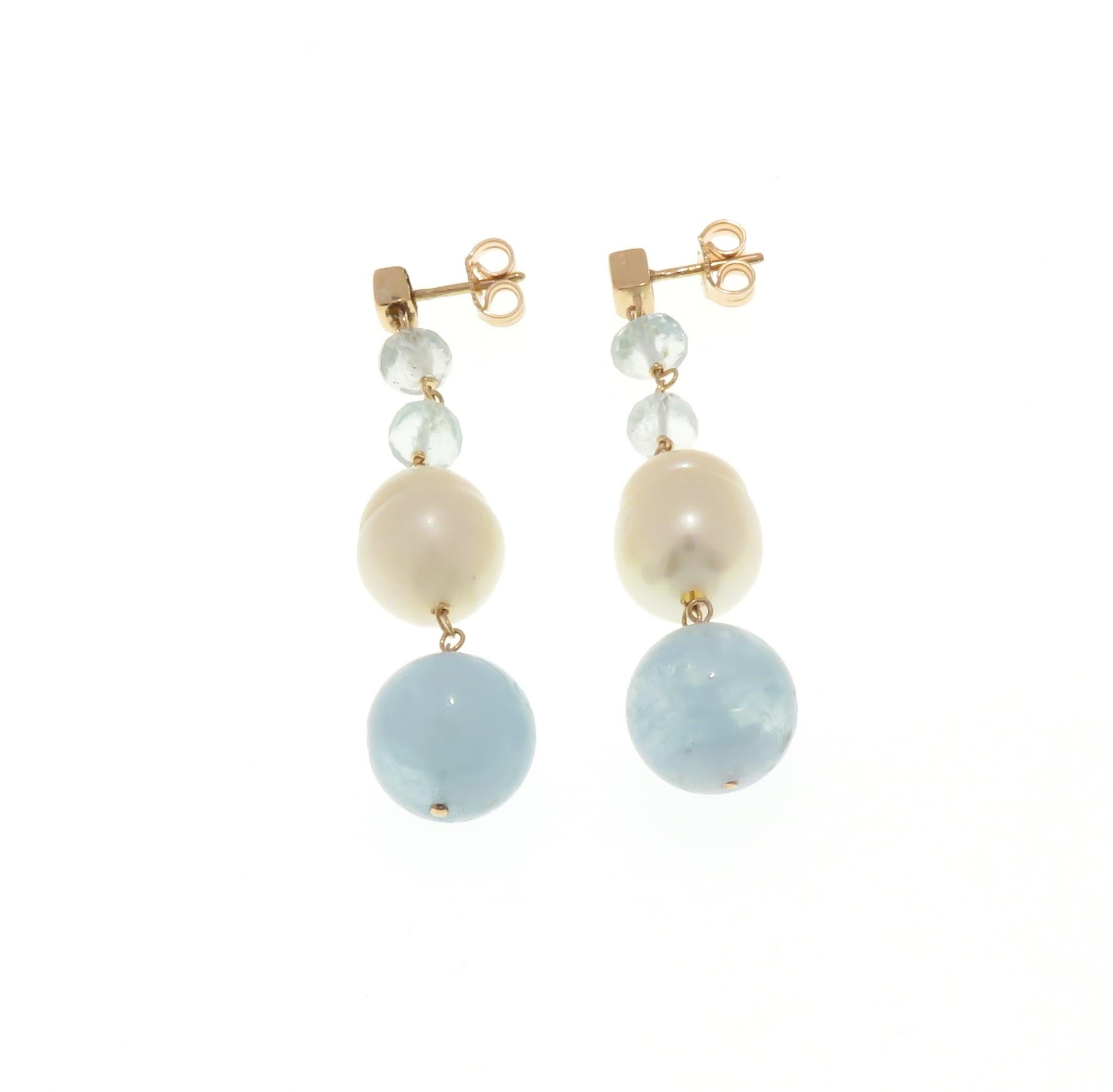 Women's Aquamarine Freshwater Pearls 9 Karat Rose Gold Dangle Earrings For Sale