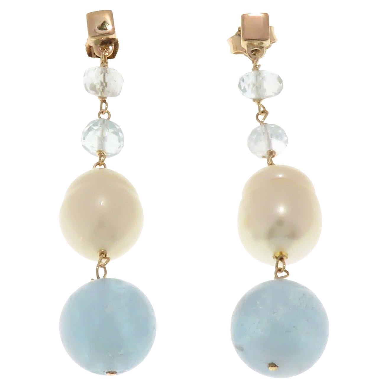 Aquamarine Freshwater Pearls 9 Karat Rose Gold Dangle Earrings For Sale