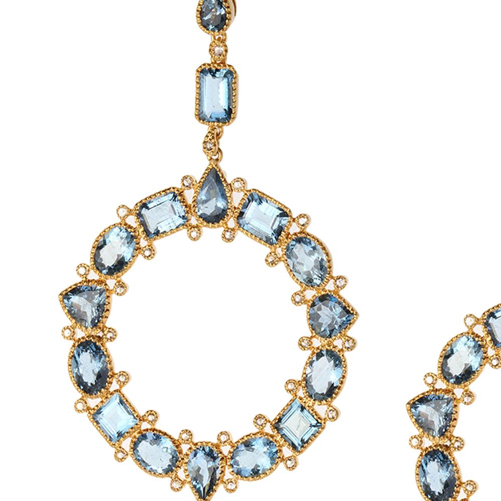 Affinity Front-Face Earrings Set in 20 Karat Yellow Gold with 19.88 Carat Aquamarine and 0.67 Carat Diamonds. The Color of These Radiant Gems is Maya Blue with 20K Yellow Gold.
