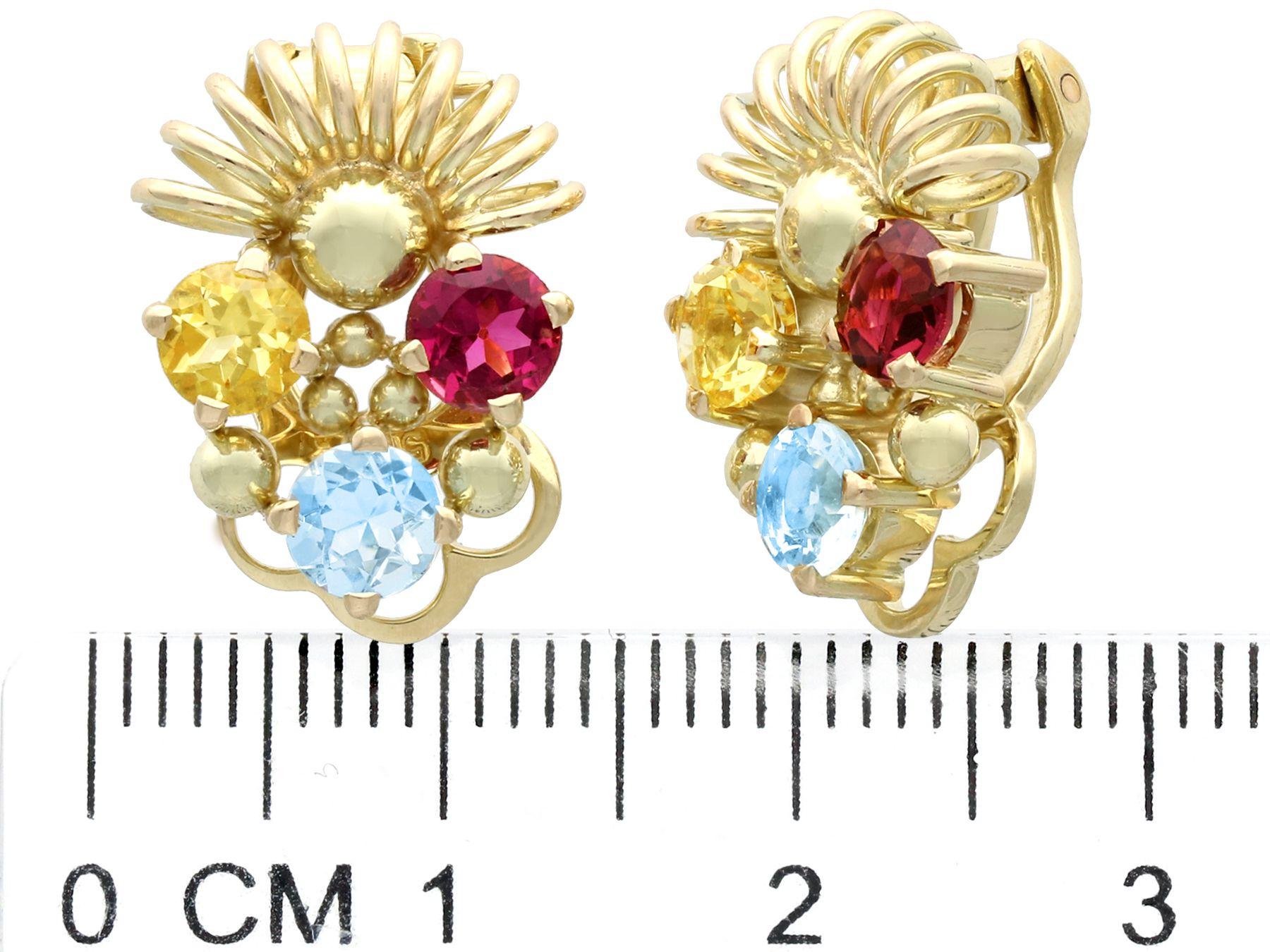 Women's Vintage Aquamarine Garnet and Citrine Yellow Gold Earrings, Circa 1960 For Sale