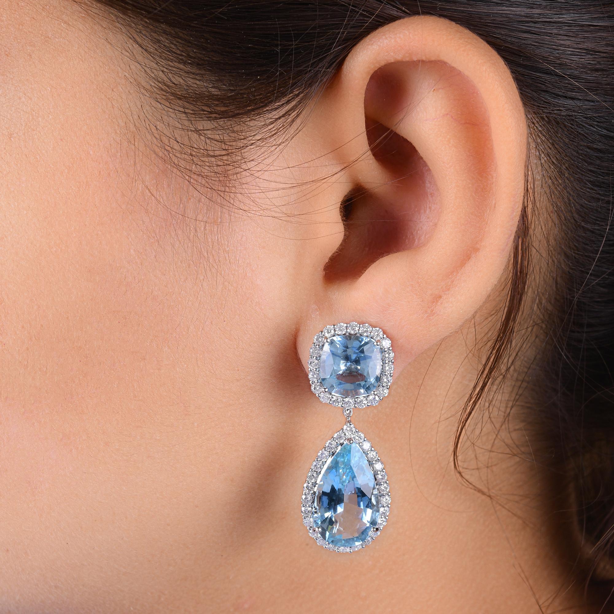 Modern Aquamarine Gemstone Dangle Earrings SI/H Diamond 14 Karat White Gold Jewelry For Sale