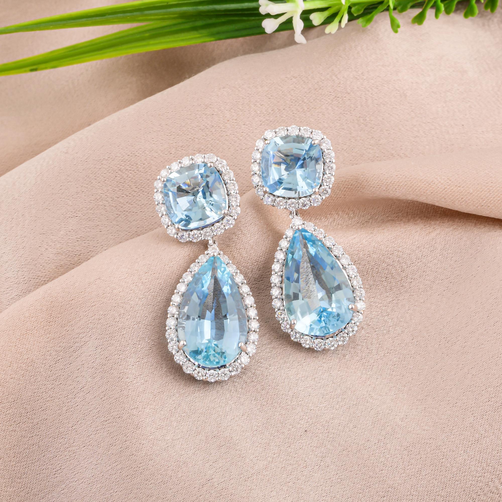 Pear Cut Aquamarine Gemstone Dangle Earrings SI/H Diamond 14 Karat White Gold Jewelry For Sale