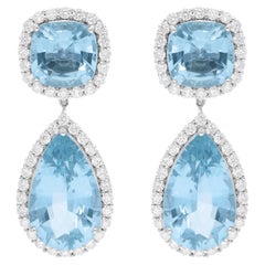 Pendientes Colgantes de Aguamarina SI/H Diamante Joyas de Oro Blanco de 14 Kilates