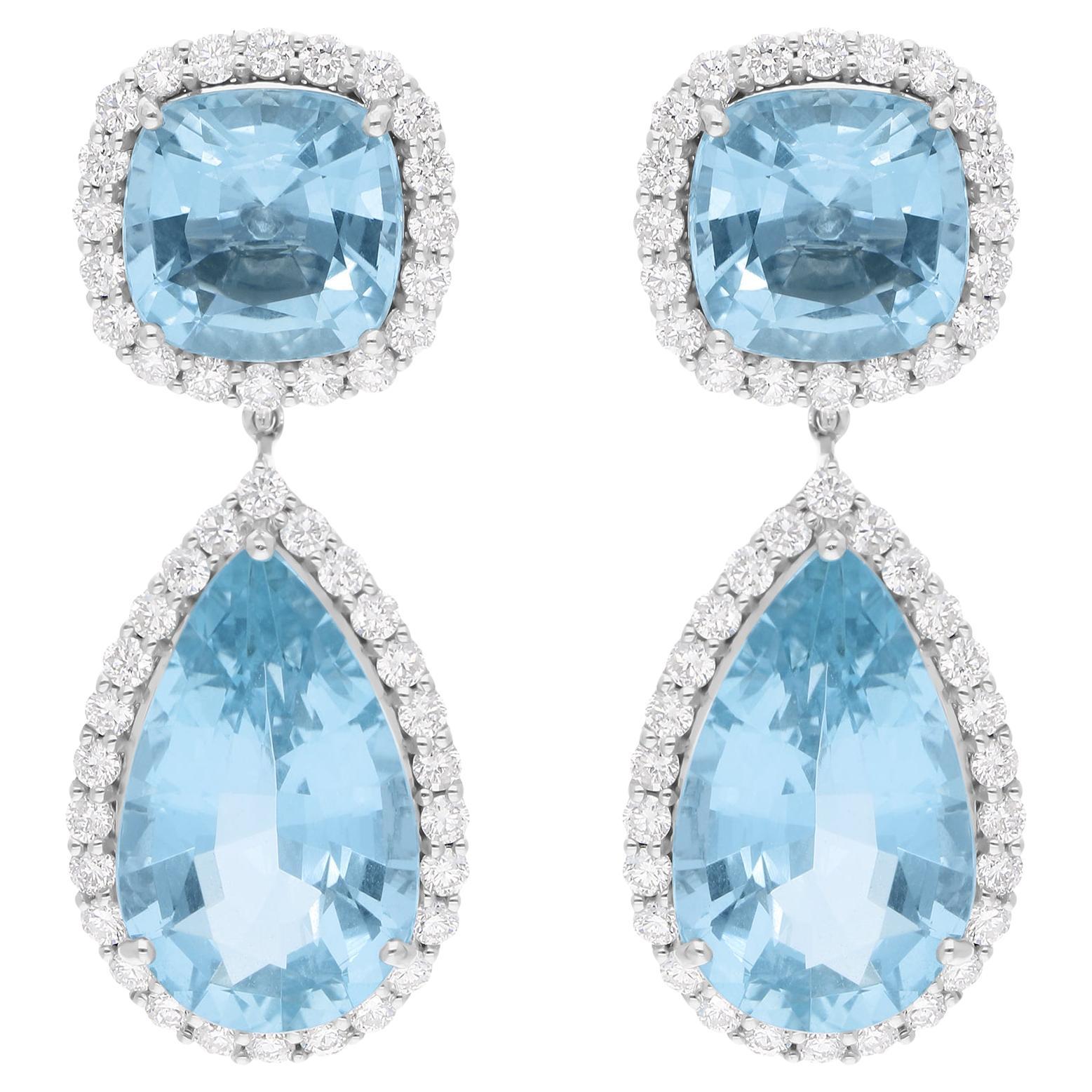 Aquamarine Gemstone Dangle Earrings SI/H Diamond 18 Karat White Gold Jewelry For Sale