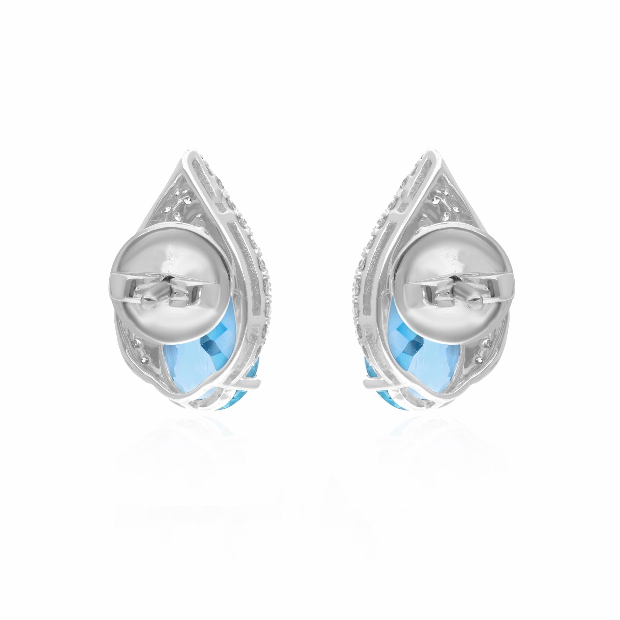 Modern Aquamarine Gemstone Earrings Pave Diamond Studs 14 Karat White Gold Fine Jewelry For Sale