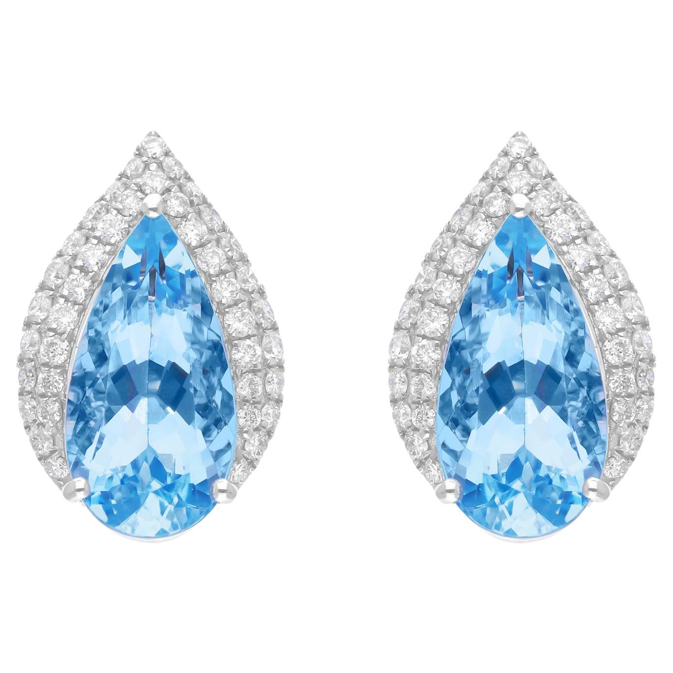 Aquamarine Gemstone Earrings Pave Diamond Studs 14 Karat White Gold Fine Jewelry