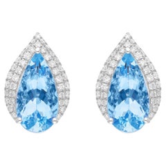 Aquamarine Gemstone Earrings Pave Diamond Studs 14 Karat White Gold Fine Jewelry