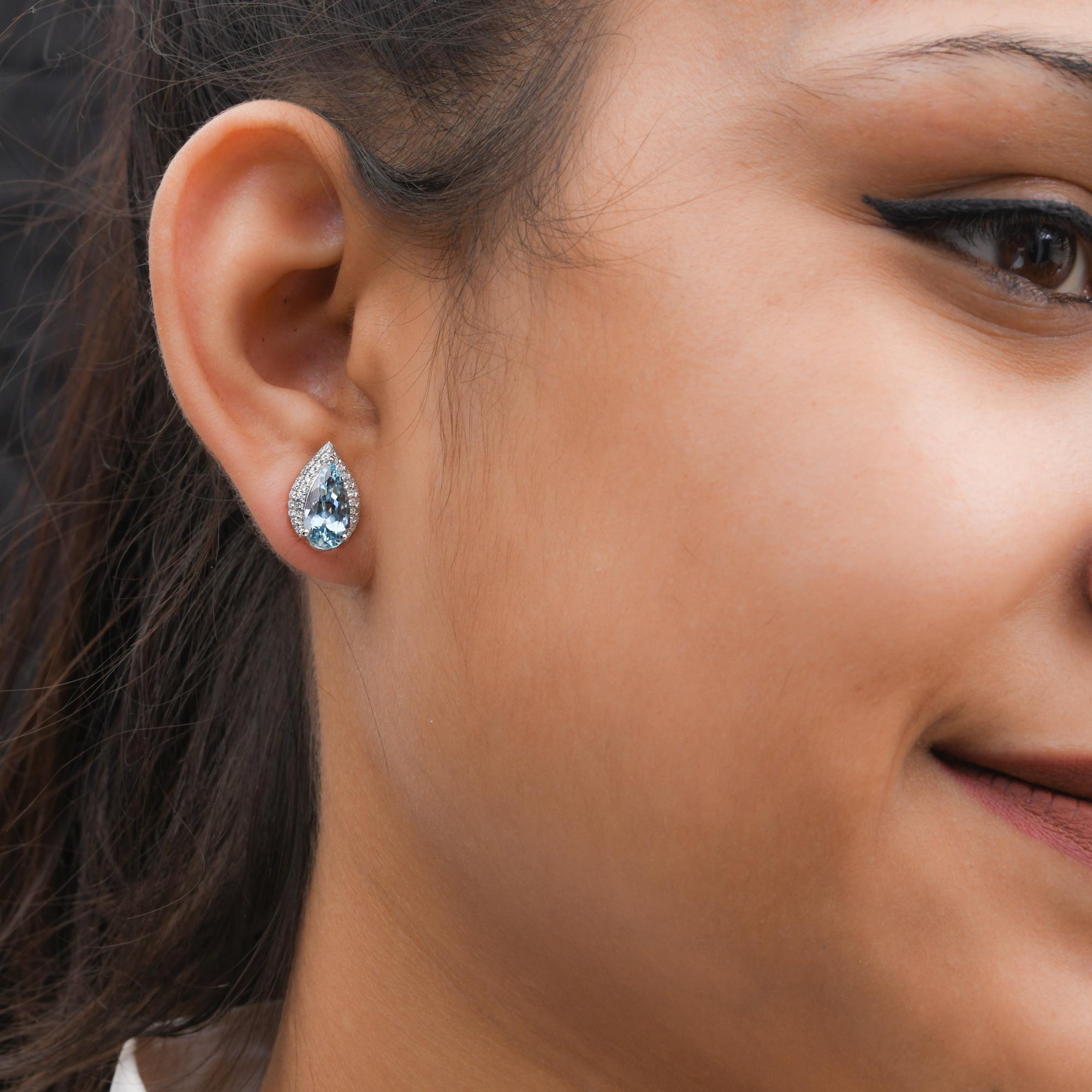 Modern Aquamarine Gemstone Earrings Pave Diamond Studs 18 Karat White Gold Fine Jewelry For Sale