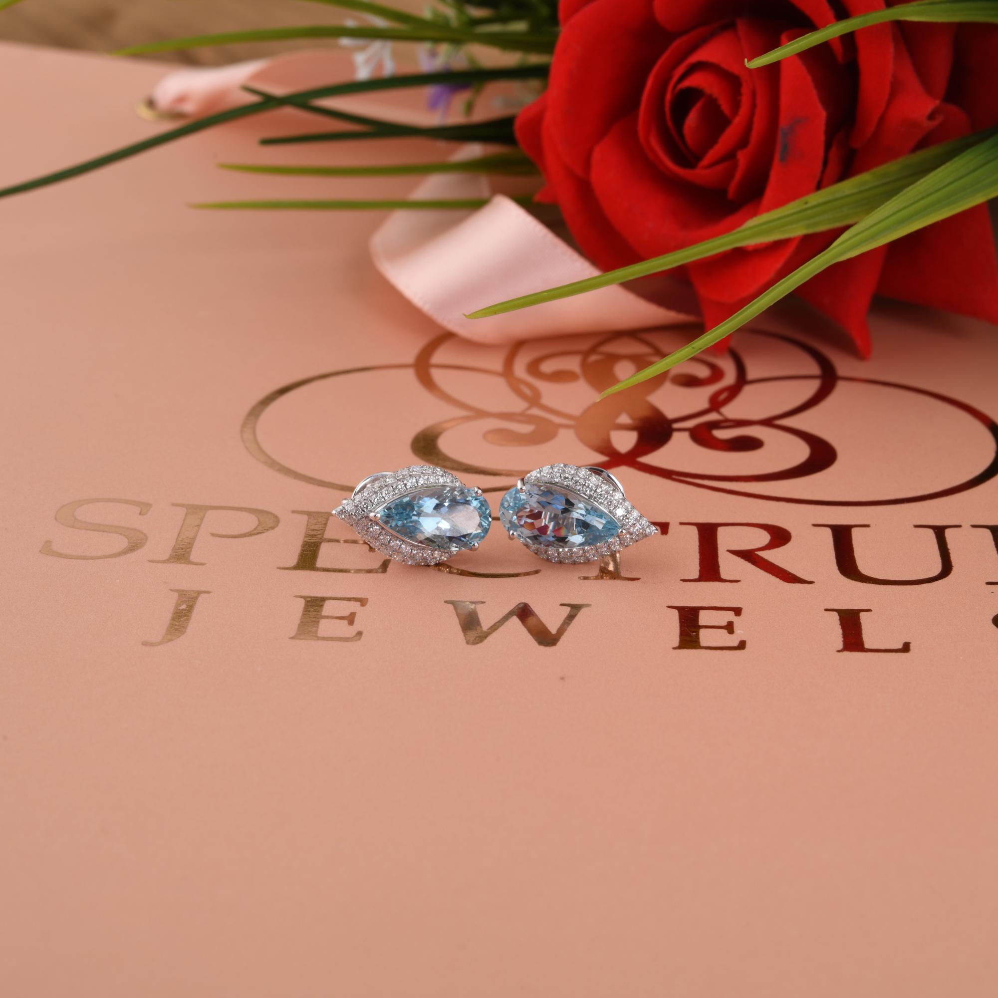 Pear Cut Aquamarine Gemstone Earrings Pave Diamond Studs 18 Karat White Gold Fine Jewelry For Sale