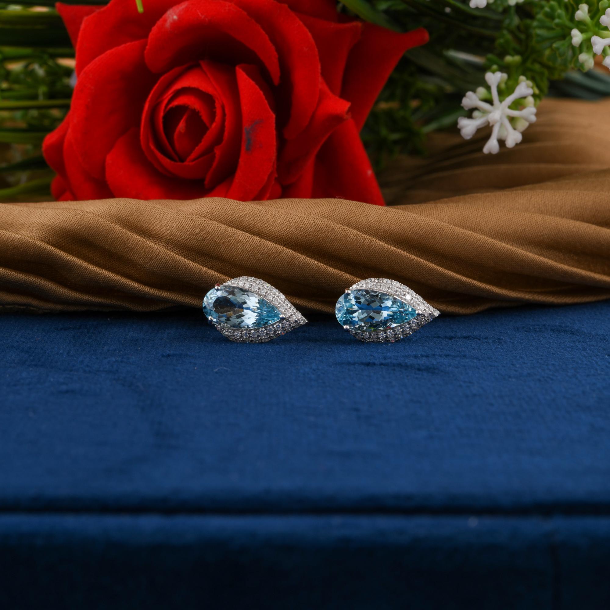 Aquamarine Gemstone Earrings Pave Diamond Studs 18 Karat White Gold Fine Jewelry In New Condition For Sale In Diera, Dubai