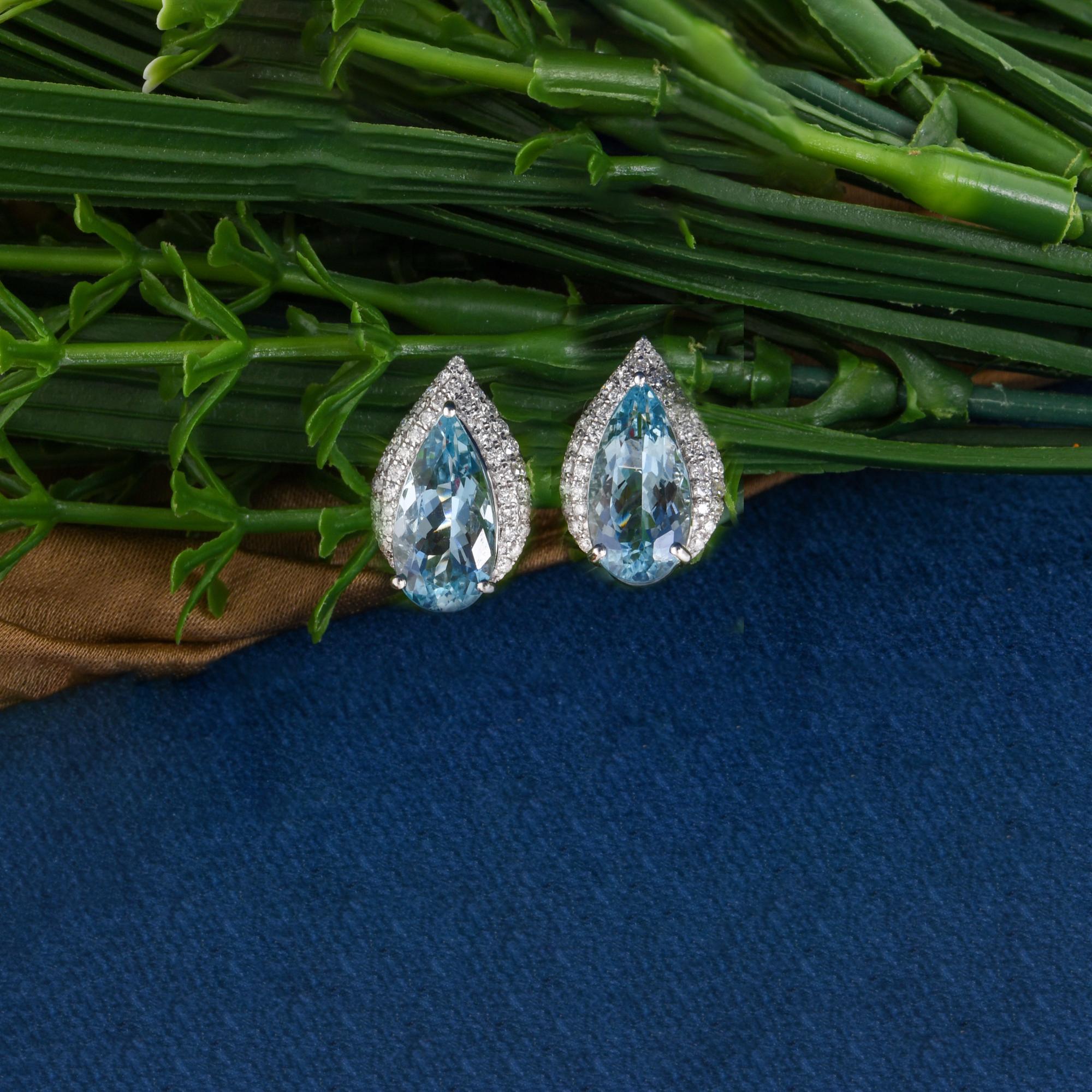 Women's Aquamarine Gemstone Earrings Pave Diamond Studs 18 Karat White Gold Fine Jewelry For Sale