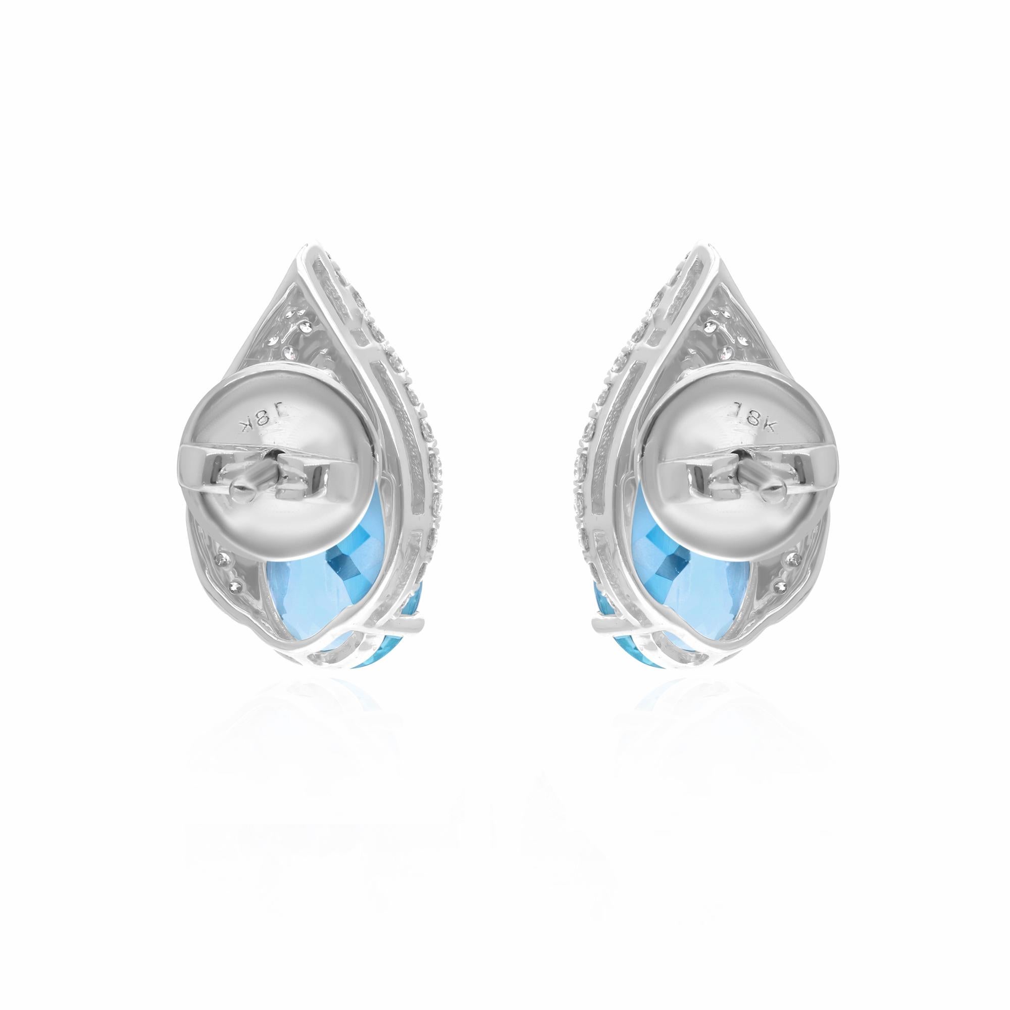 Aquamarine Gemstone Earrings Pave Diamond Studs 18 Karat White Gold Fine Jewelry For Sale 1