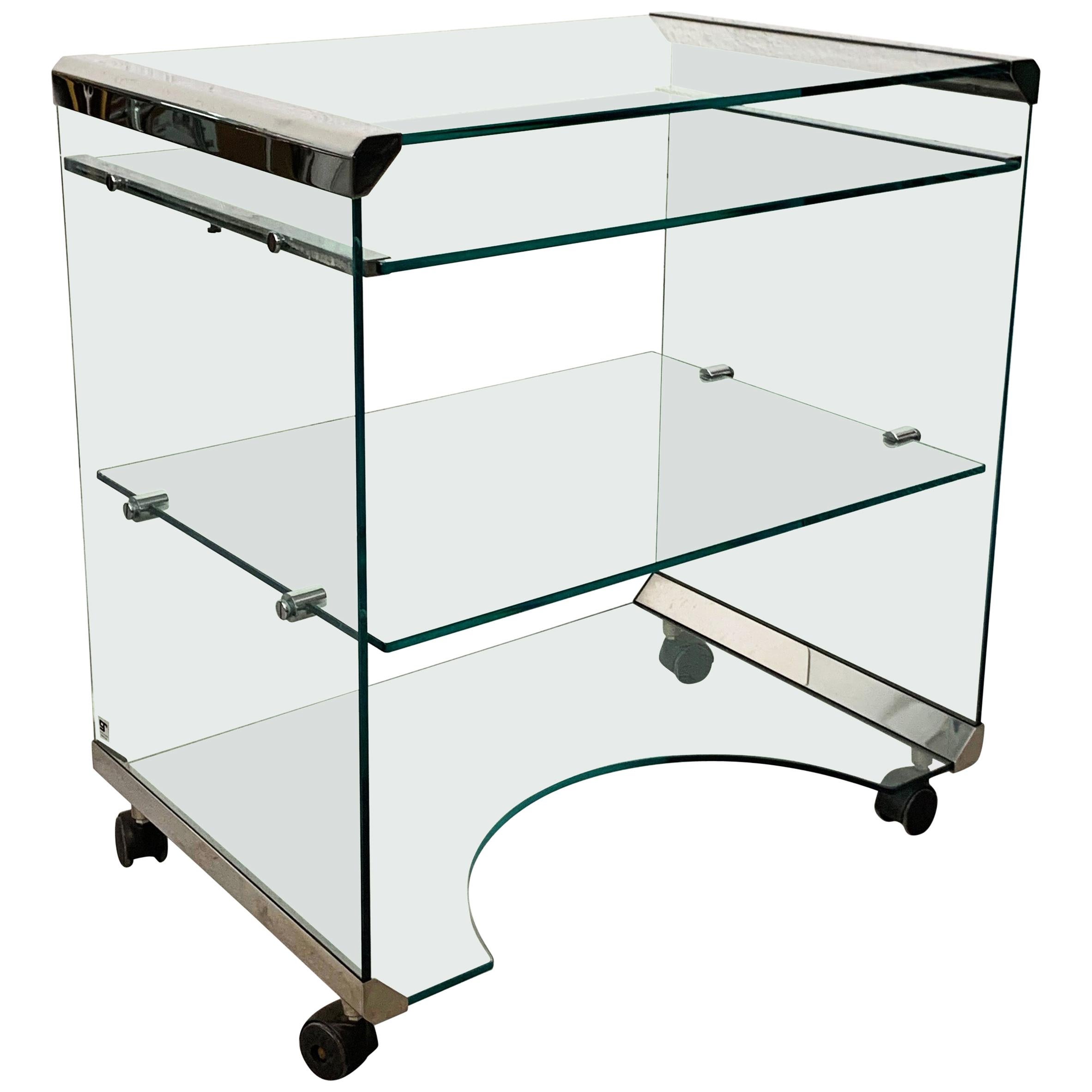  Bureau en verre aigue-marine de Gallotti & Radice Italia des années 1970, chariot de bar