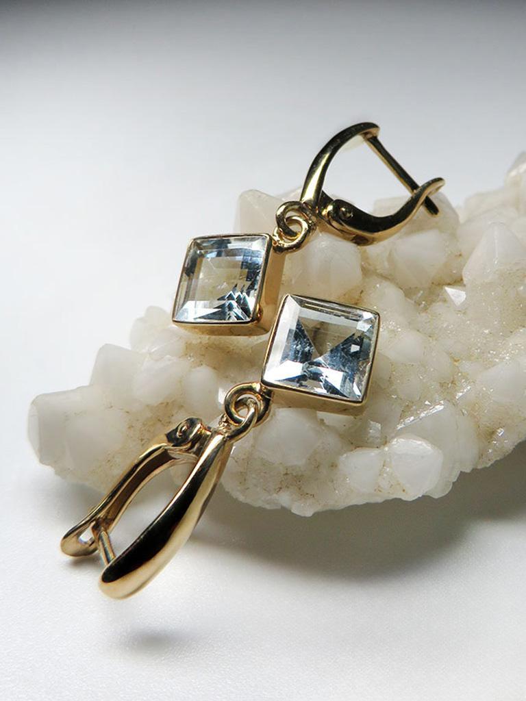 Aquamarine Gold Earrings Square Cut Blue Beryl Healing Brazilian Gemstone Unisex For Sale 7