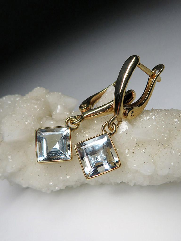 Aquamarine Gold Earrings Square Cut Blue Beryl Healing Brazilian Gemstone Unisex For Sale 9