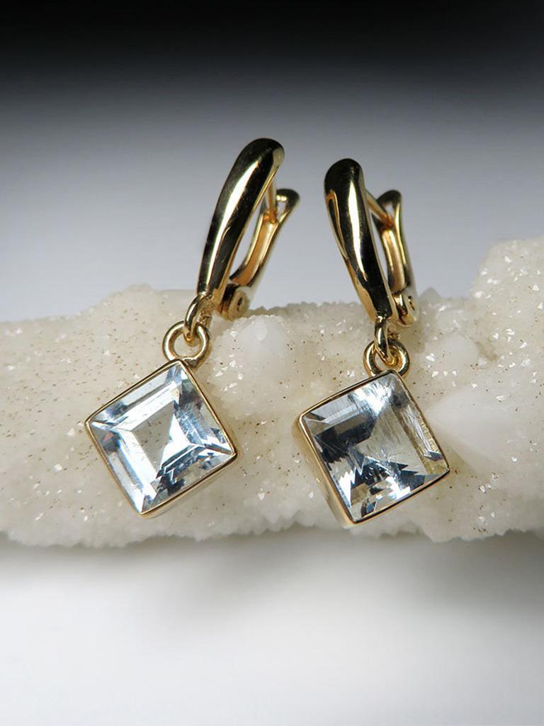 Aquamarine Gold Earrings Square Cut Blue Beryl Healing Brazilian Gemstone Unisex For Sale 2