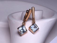 Aquamarine Gold Earrings Square Cut Blue Beryl Healing Brazilian Gemstone Unisex