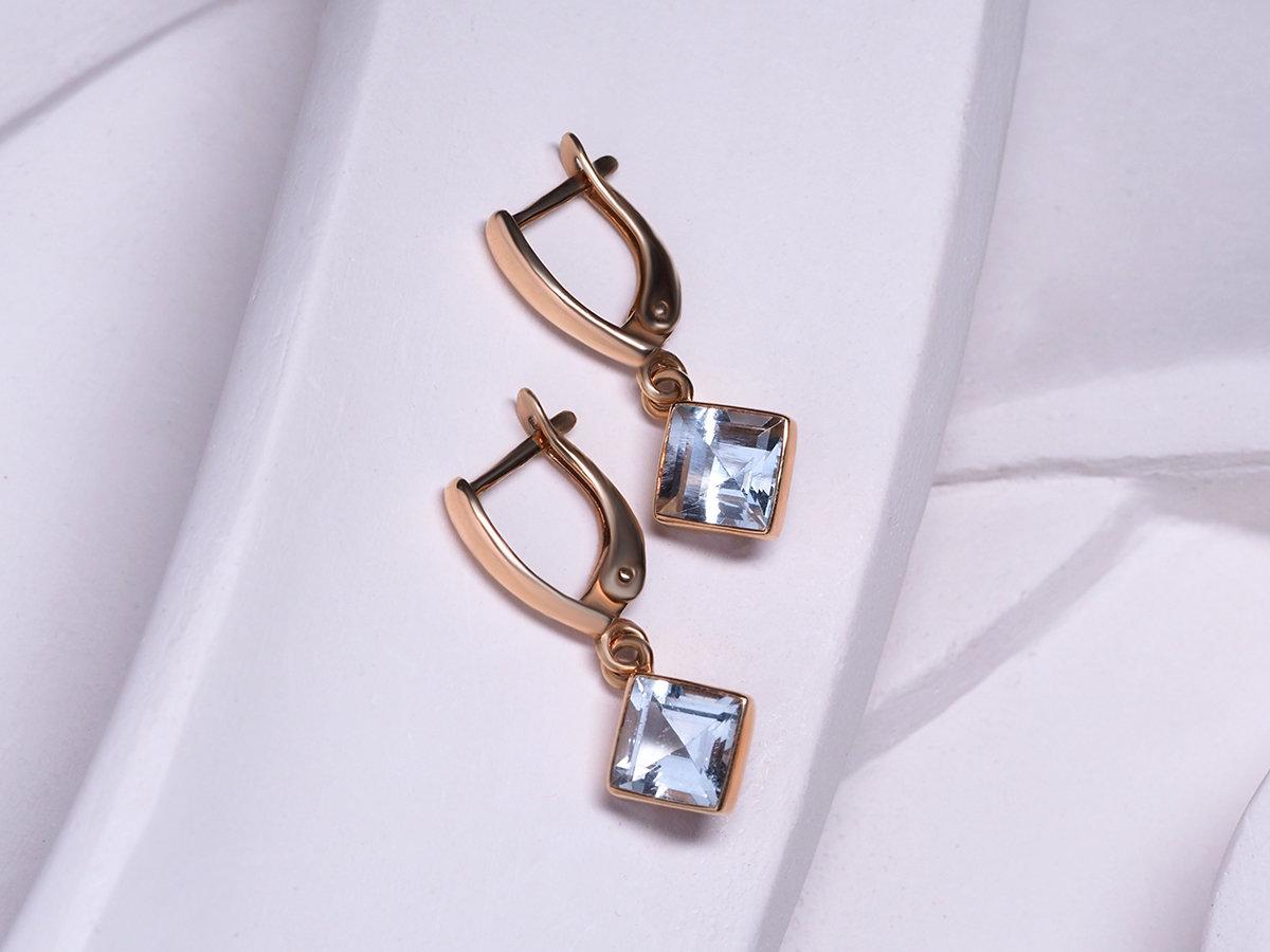 Artisan Aquamarine Gold Earrings Square Cut Blue Beryl Healing Brazilian Gemstone Unisex For Sale
