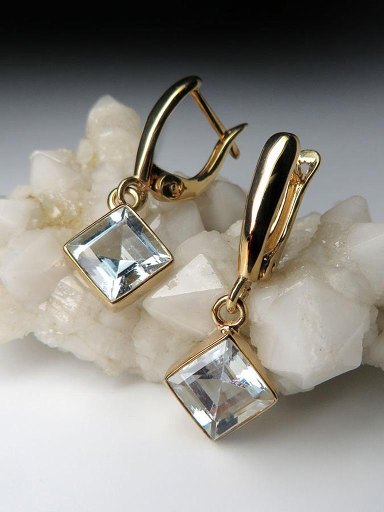 Aquamarine Gold Earrings Square Cut Blue Beryl Healing Brazilian Gemstone Unisex For Sale 4