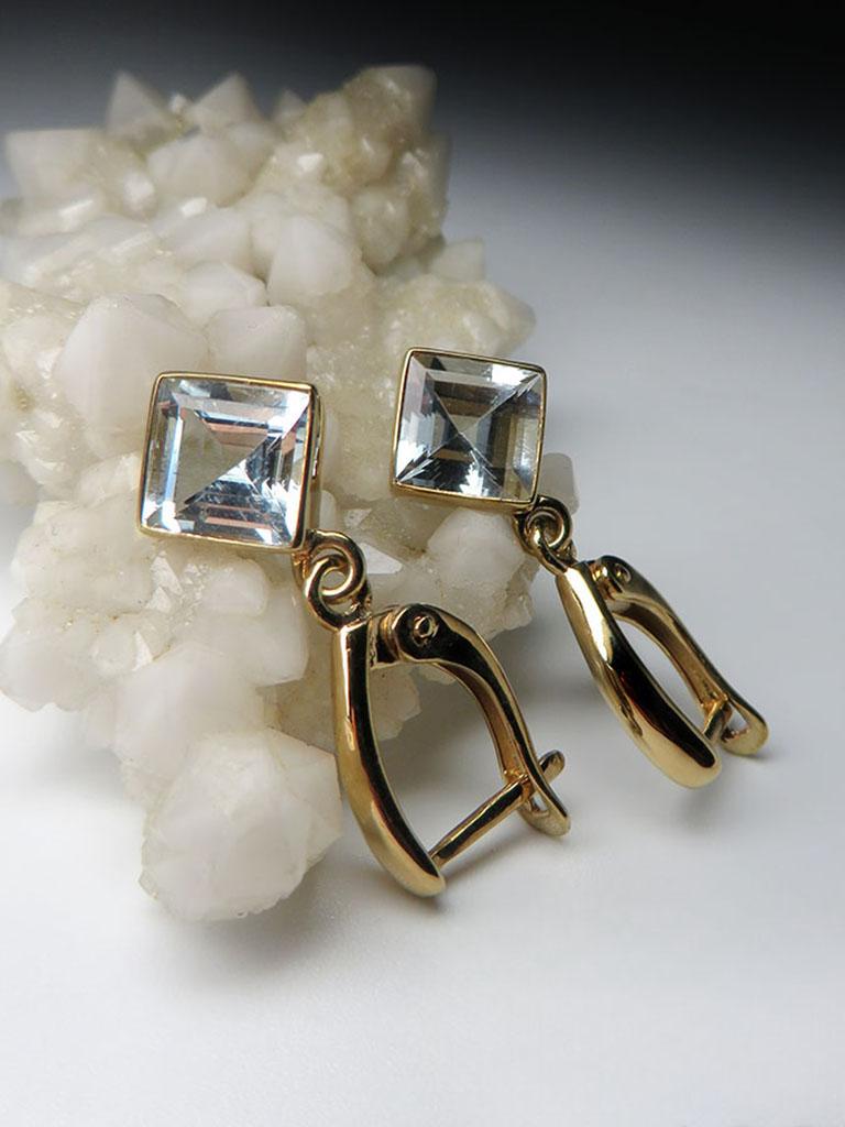 Aquamarine Gold Earrings Square Cut Blue Beryl Healing Brazilian Gemstone Unisex For Sale 6