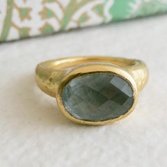 Aquamarine Gold Plated Sterling Silver Cocktail Statement Ring - Size 8