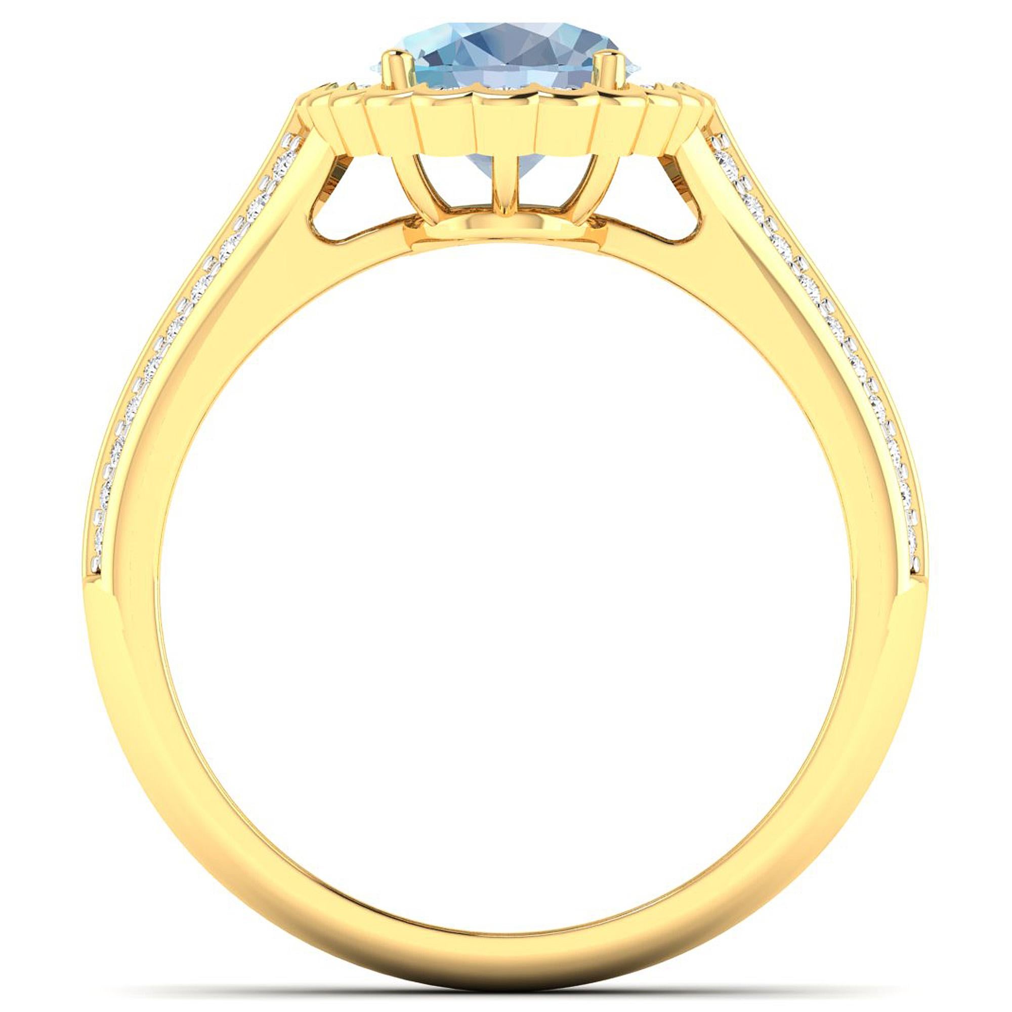 Aquamarine Gold Ring, 14Kt Gold Aquamarine & Diamond Engagement Ring, 1.82ctw.

Flaunt yourself with this 14K Yellow Gold Aquamarine & White Diamond Engagement Ring. The setting is inlaid with 62 accented full-cut White Diamond round stones for a