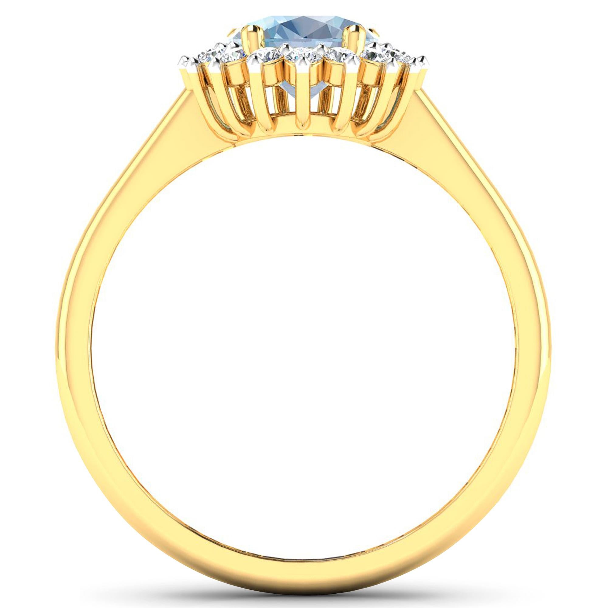 Aquamarine Gold Ring, 14Kt Gold Aquamarine & Diamond Engagement Ring, 1.62ctw.

Flaunt yourself with this 14K Yellow Gold Aquamarine & White Diamond Engagement Ring. The setting is inlaid with 20 accented full-cut White Diamond round stones for a