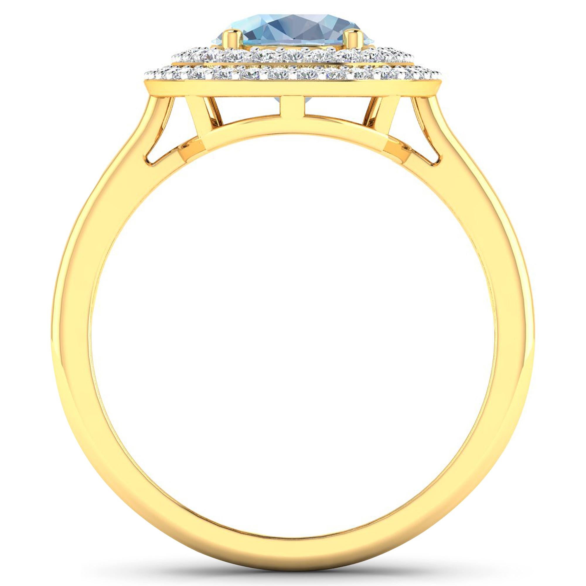 Aquamarine Gold Ring, 14Kt Gold Aquamarine & Diamond Engagement Ring, 1.68ctw.

Flaunt yourself with this 14K Yellow Gold Aquamarine & White Diamond Engagement Ring. The setting is inlaid with 62 accented full-cut White Diamond round stones for a
