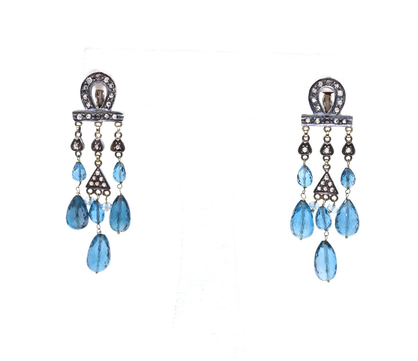 Marquise Cut Aquamarine Gold Silver Diamonds Chandelier Earrings, 1930 For Sale